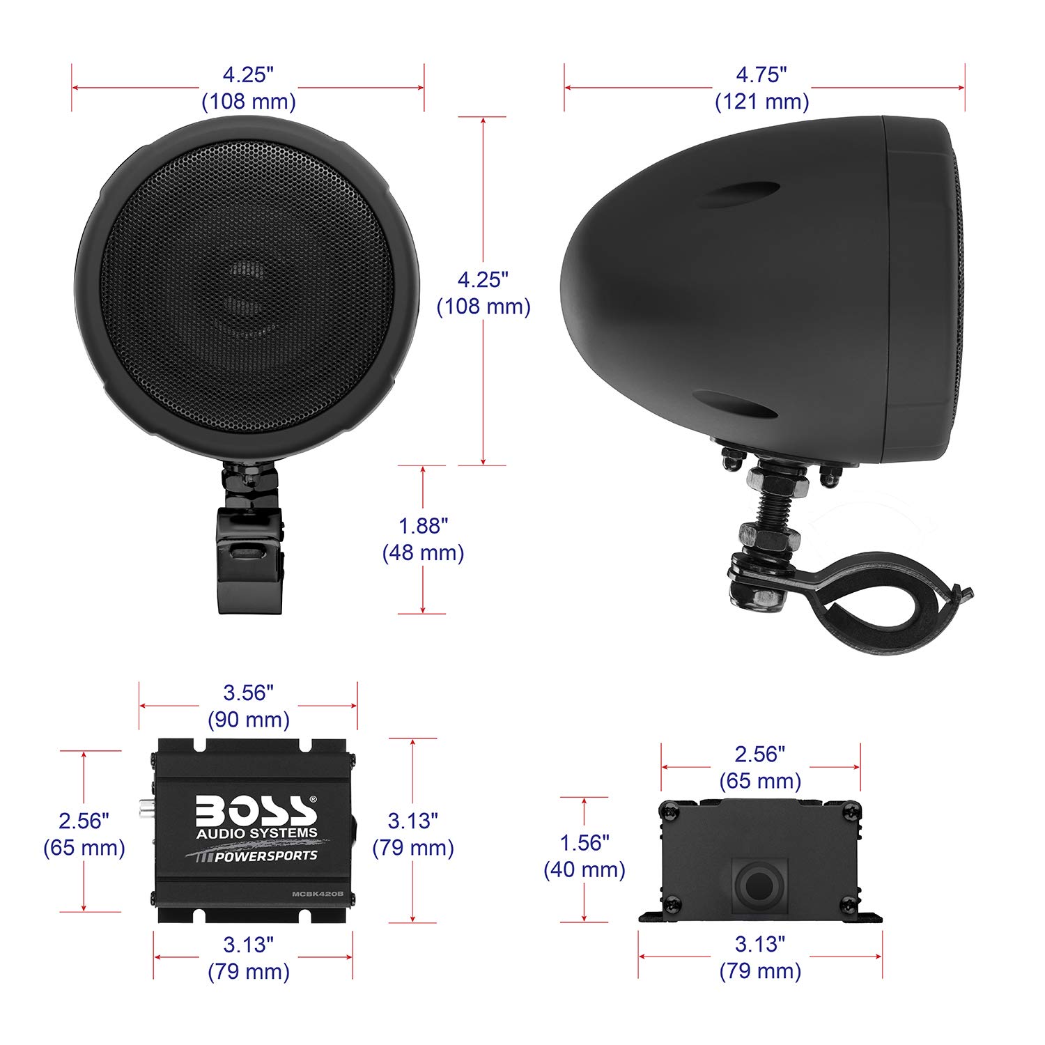 BOSS Audio Systems MCBK420B Bluetooth Speaker System - 400W Class D Compact Amplifier, 3 Inch Weatherproof Marine Speakers with Volume Control | Perfect for ATVs, Motorcycles, Boats & 12V Vehicles | Outdoor, Marine & Off-Road Adventures