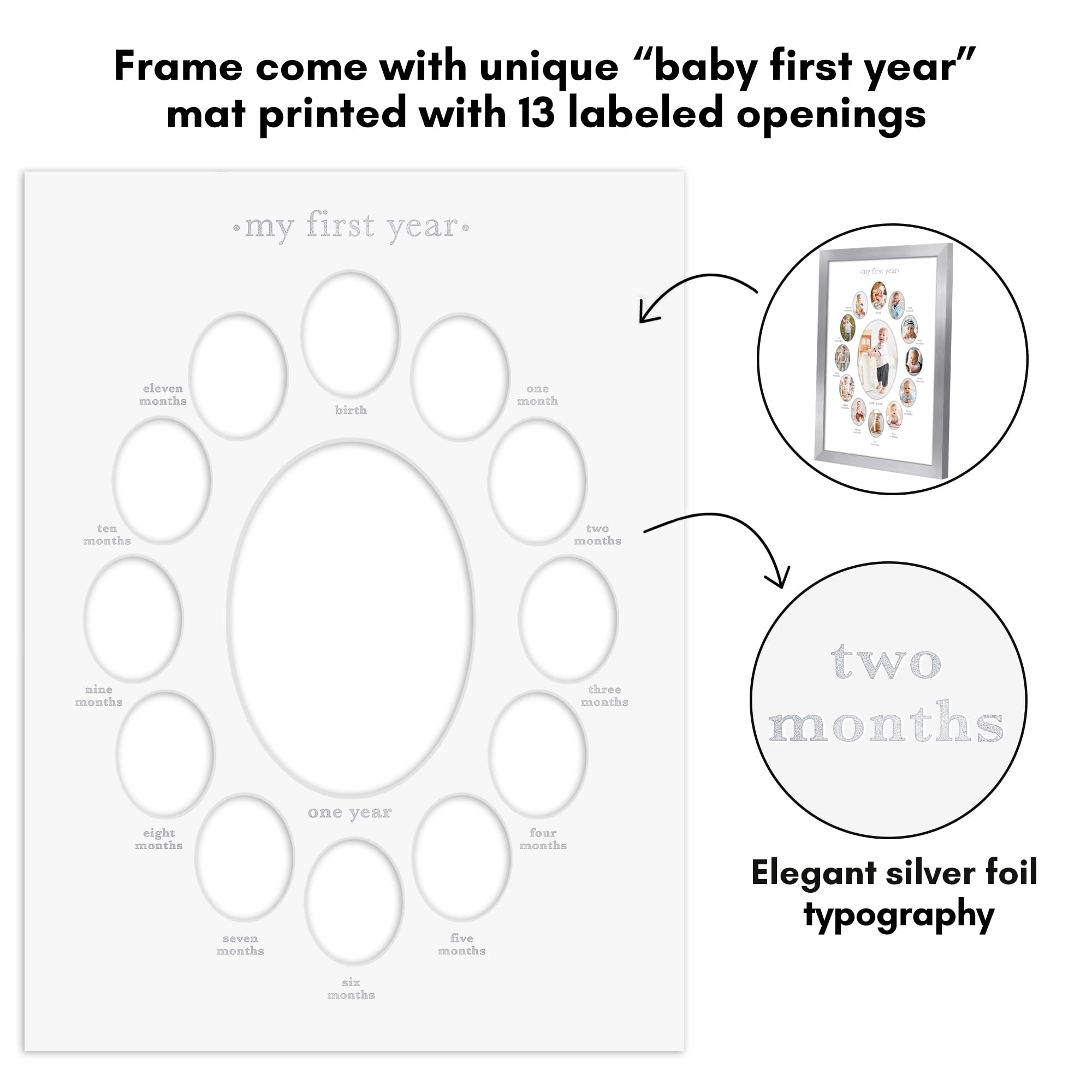 Americanflat 12x16 Shatter-Resistant Glass First Year Photo Frame - Holds Twelve 2x3 & One 5x7 Pictures - Nursery Decor, Baby Shower Gift for New Moms (Silver) | Perfect for Displaying Baby's Milestones in Bedroom or Living Room