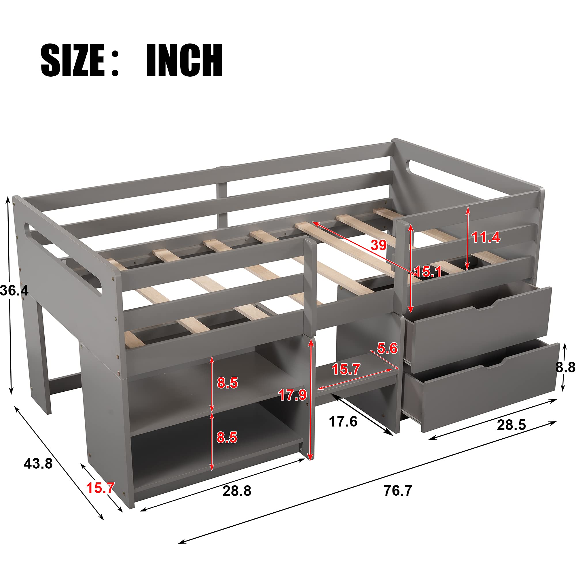 Twin Size Low Loft Bed for Kids & Teens - Solid Wood Loft Bed with 2 Shelves, 2 Drawers & Safety Guard Rail - Space-Saving Bedroom & Dorm Furniture - Perfect for Small Rooms & College Dorms (Gray)
