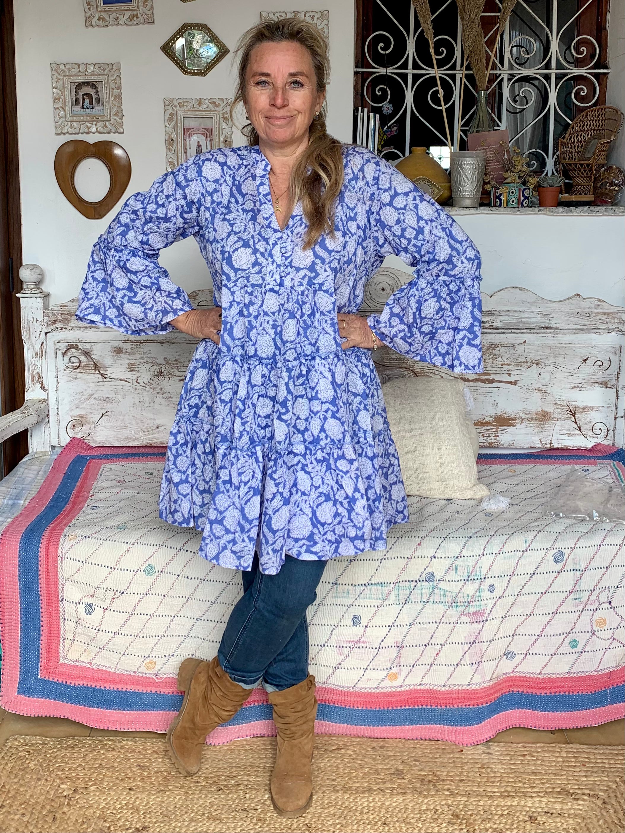 Blue Floral Geo Print Short Dress - Stylish Summer Casual Outfit for Beach, Picnic & Date Night