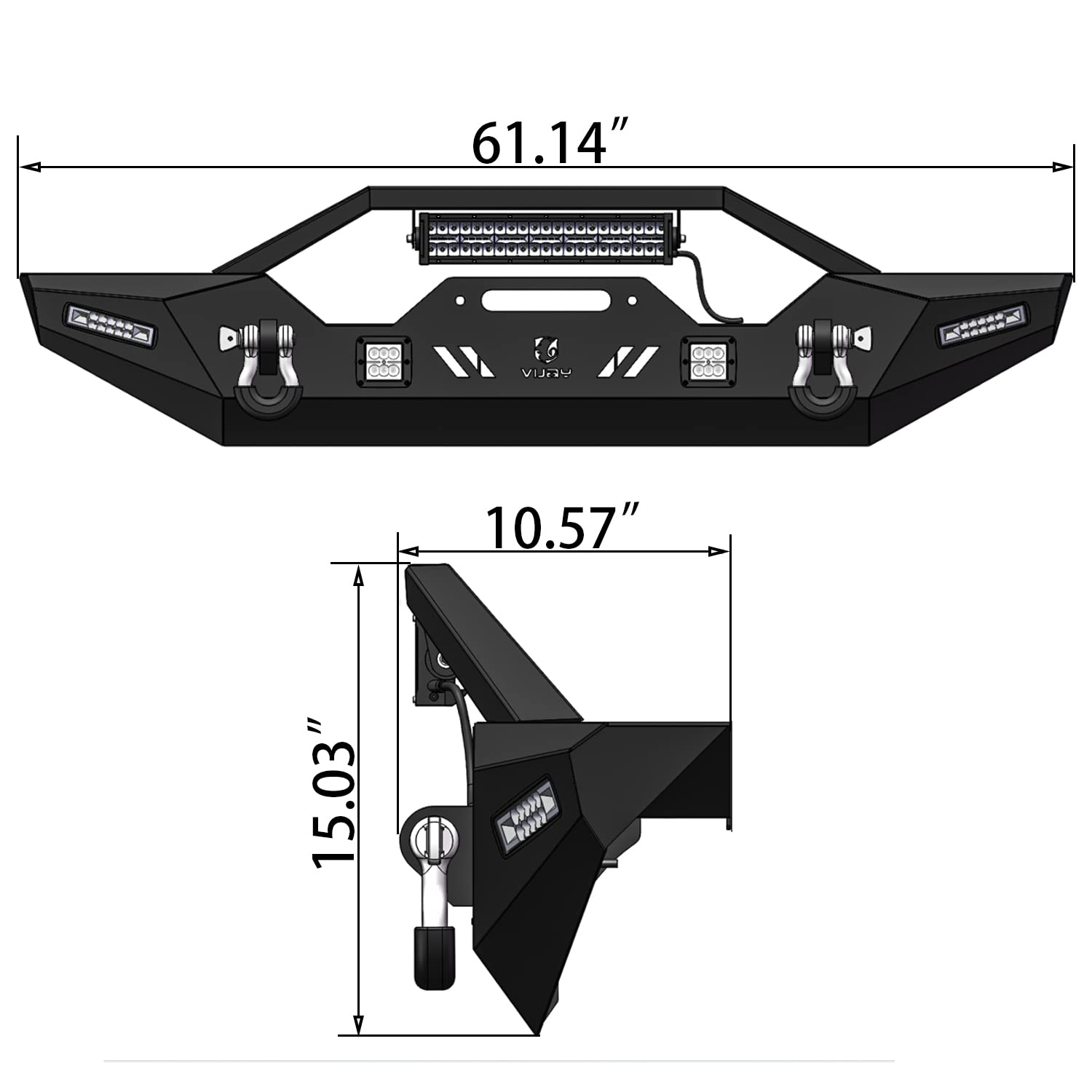 VIJAY Front & Rear Bumper Set for 2007-2017 Jeep Wrangler JK/JKU - Winch Plate, 6x24W LED Lights, 4x4.75T D-Rings, Hitch Receiver & Spare Tire Rack - Off-Road Adventure & Heavy-Duty Protection