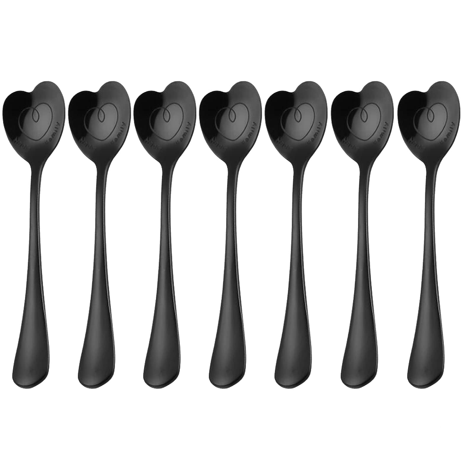 7-Piece Heart-Shaped Stainless Steel Spoon Set - Coffee, Dessert, Ice Cream & Tea Spoons - Cute Holiday Gift for Kitchen, Dining & Party (Black)