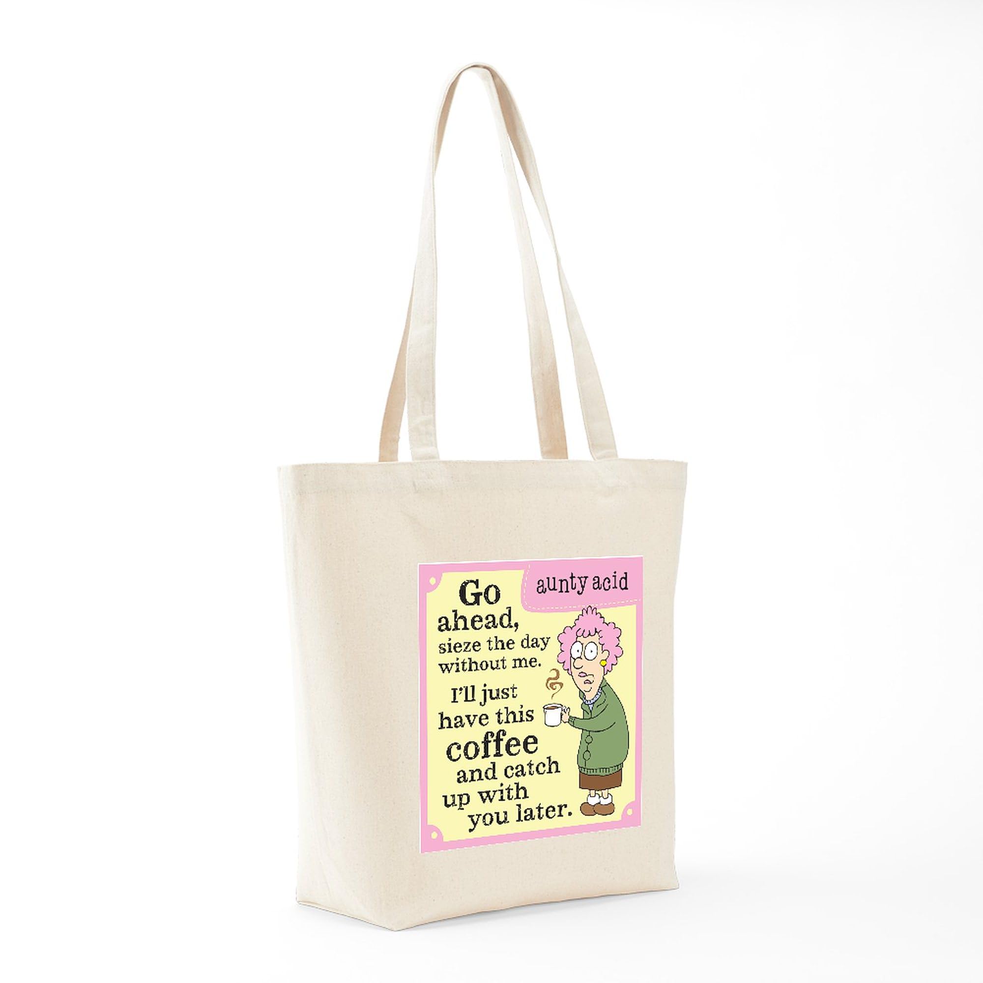 Aunty Acid Seize The Day Tote Bag - Natural Canvas Reusable Shopping Bag for Groceries, Beach & Work - Funny Inspirational Gift for Women