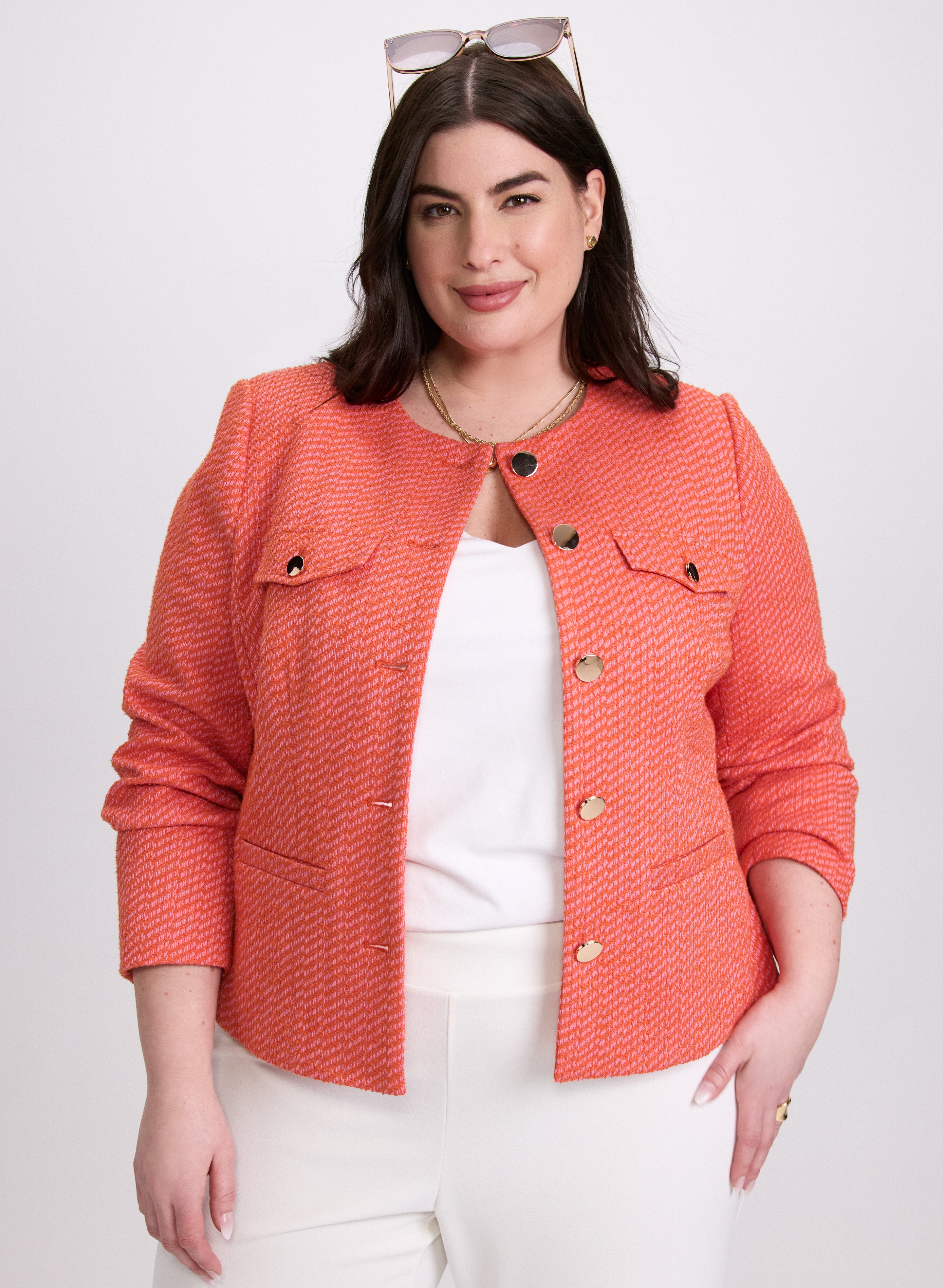 Women's Bouclé Jacket Without Collar - Elegant Textured Knit Coat for Fall & Winter - Perfect for Office, Parties, and Casual Outings
