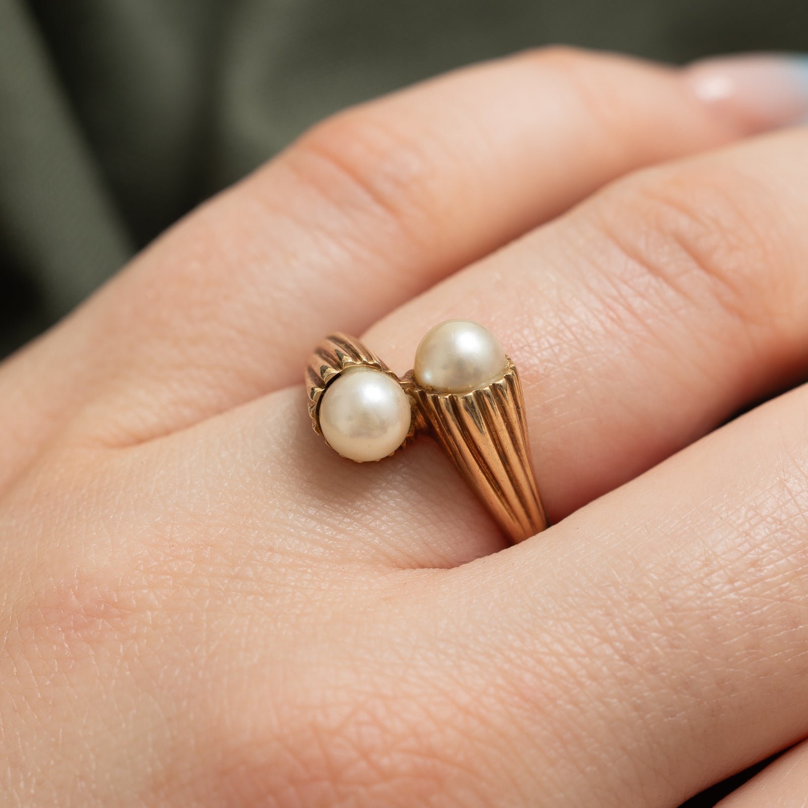 Two Stone Pearl Grooved Bypass Ring - Size 6.25 | Elegant Stackable Jewelry for Women, Perfect for Weddings, Anniversaries & Everyday Wear