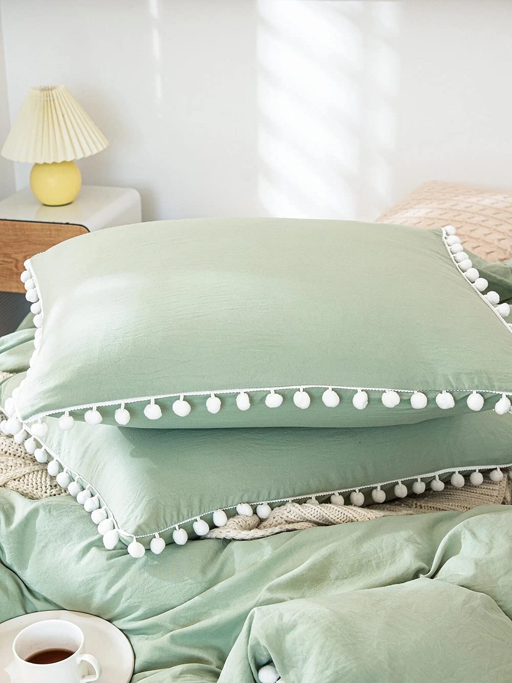 Sage Green and White Pom Pom Cotton Fringe Tassel Duvet Cover - 100% Cotton Button Closure Bedding Set for Twin, Full, Queen & King Size (Small Single) - Perfect for Boho Chic, Farmhouse & Coastal Bedroom Decor