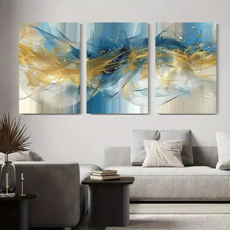 3-Piece Abstract Blue and Gold Swirl Metal Wall Art - Ready to Hang Modern Home Decor for Living Room, Bedroom & Office