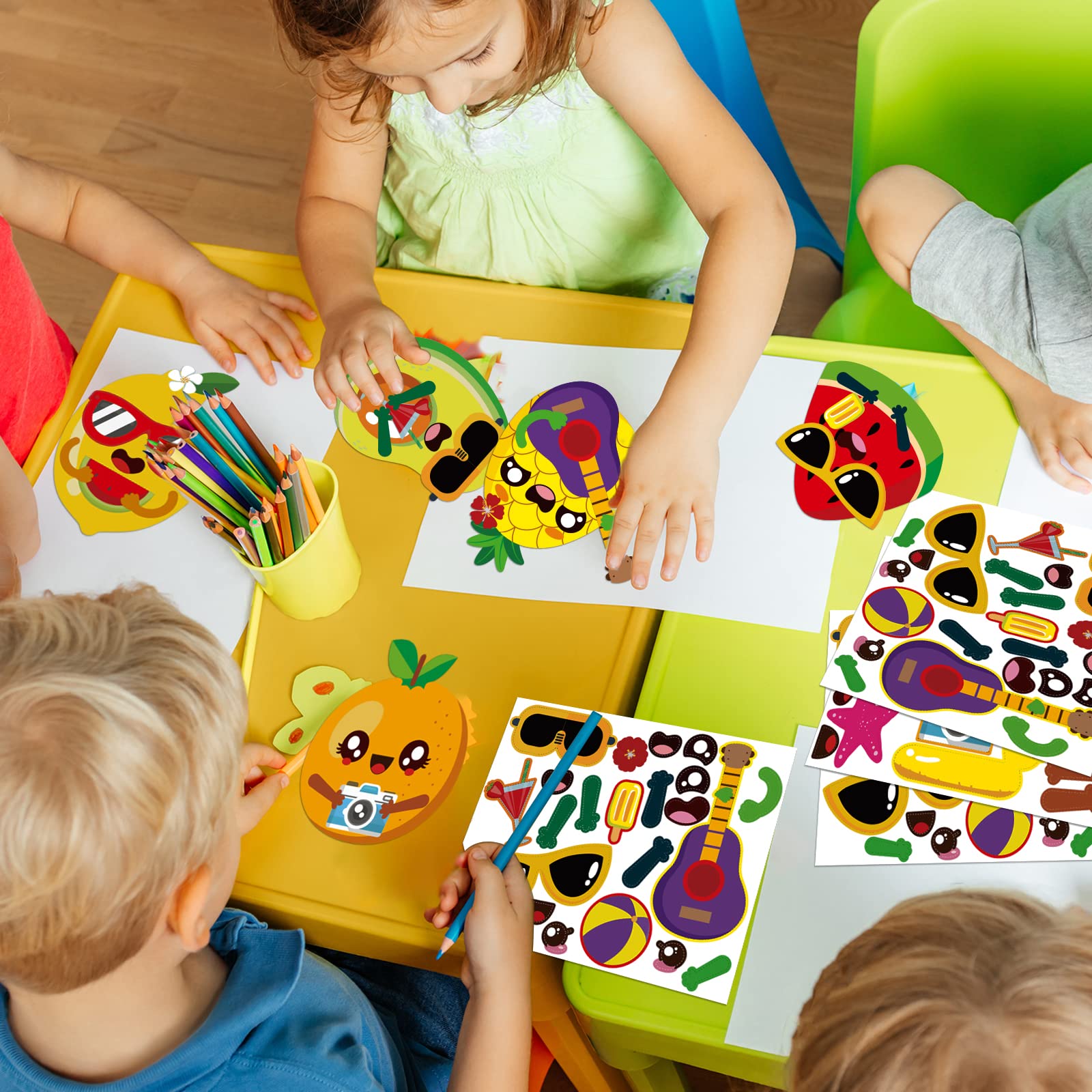 Chiazllta 32 Pack Kids Summer Fruit Craft Kit - DIY Hawaiian Fruit Sticker Art Set for Early Education, Home & Classroom Activities | Perfect for Summer Parties, Birthday Favors & Creative Play