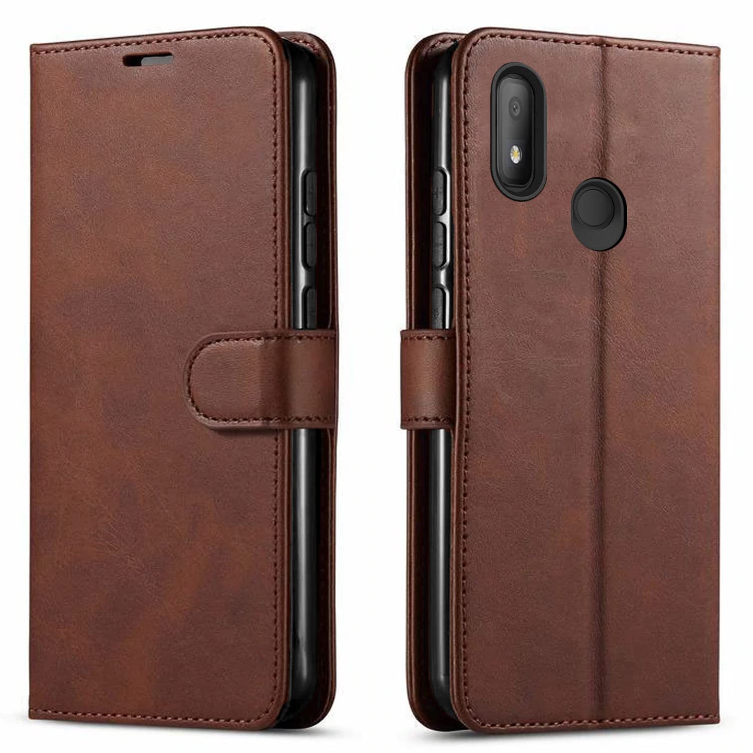 STARSHOP Shockproof Wallet Phone Case for T-Mobile Revvl 4 with Tempered Glass Screen Protector - Brown | Protective Cover for Everyday Use, Travel & Outdoor Activities