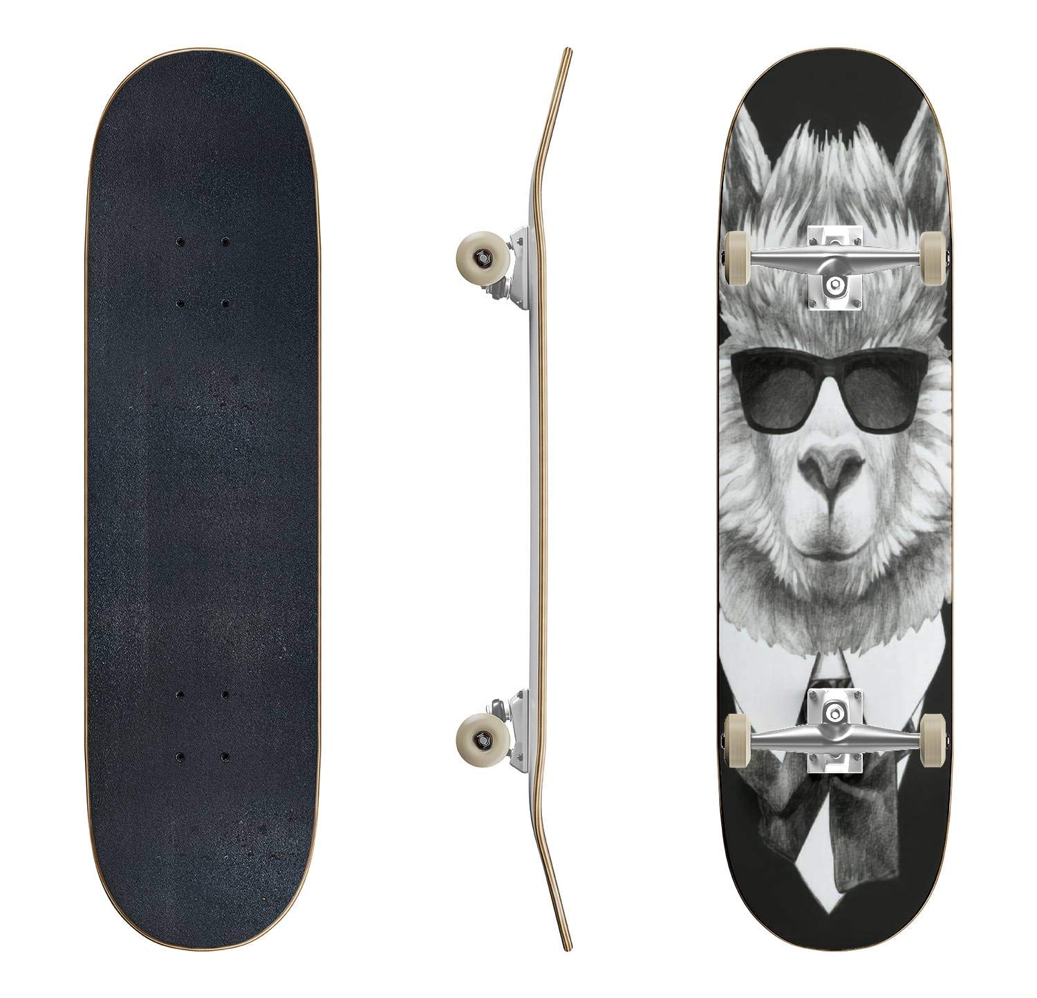EFTOWEL Hand-Drawn Llama in Suit Skateboard - Classic Concave Longboard for Beginners & Pros | Cool Teen Gifts for Extreme Sports, Street Skating & Campus Cruising