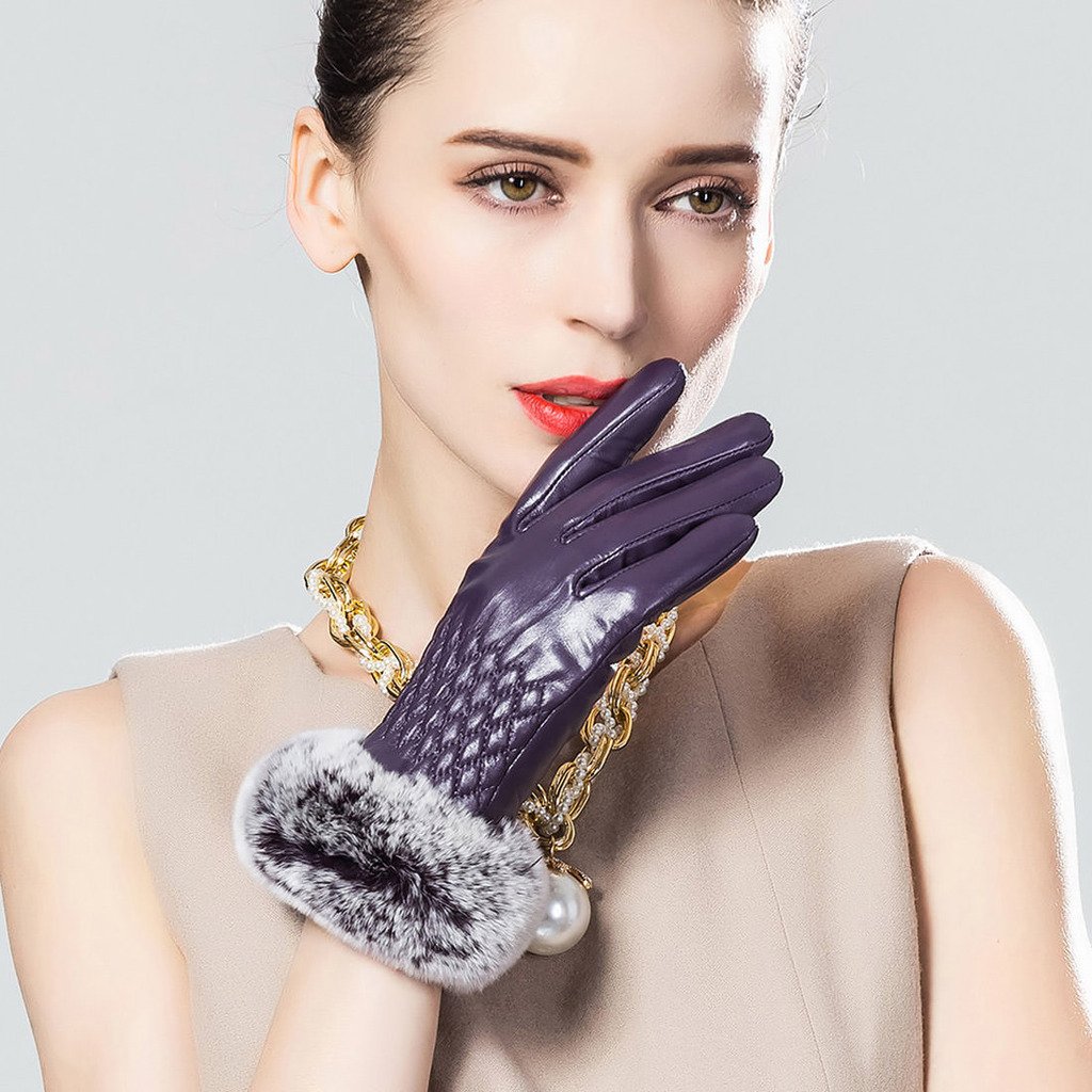 Women's Winter Leather Gloves with Rex Rabbit Fur Cuff - Warm Touchscreen Gloves for Cold Weather, Driving, and Outdoor Activities