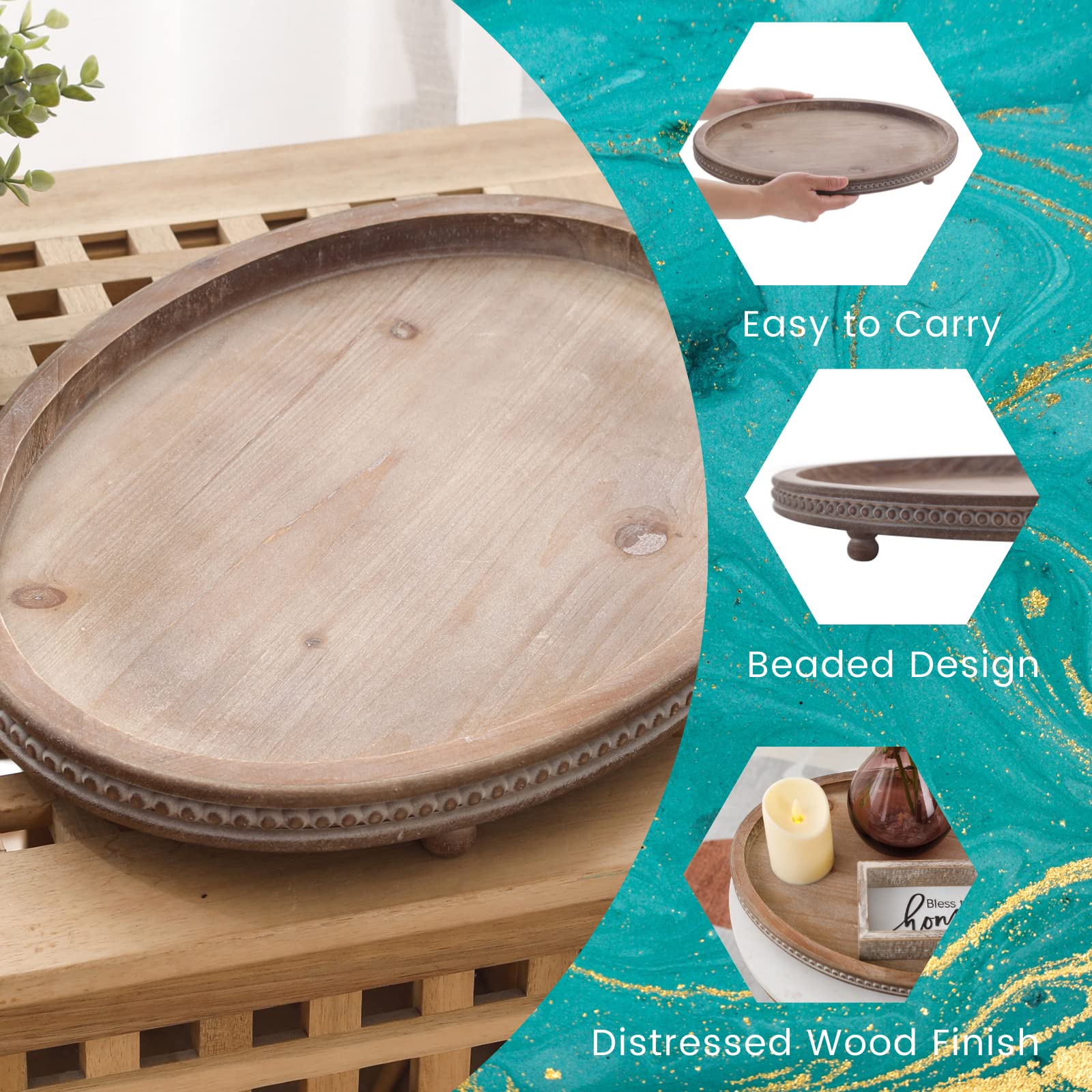 Handmade Distressed Brown Oval Wooden Tray with Beaded Edge - Rustic Home Decor for Coffee Table, Kitchen, Dining Table & Entryway - Perfect for Holiday Decorations & Gift Giving