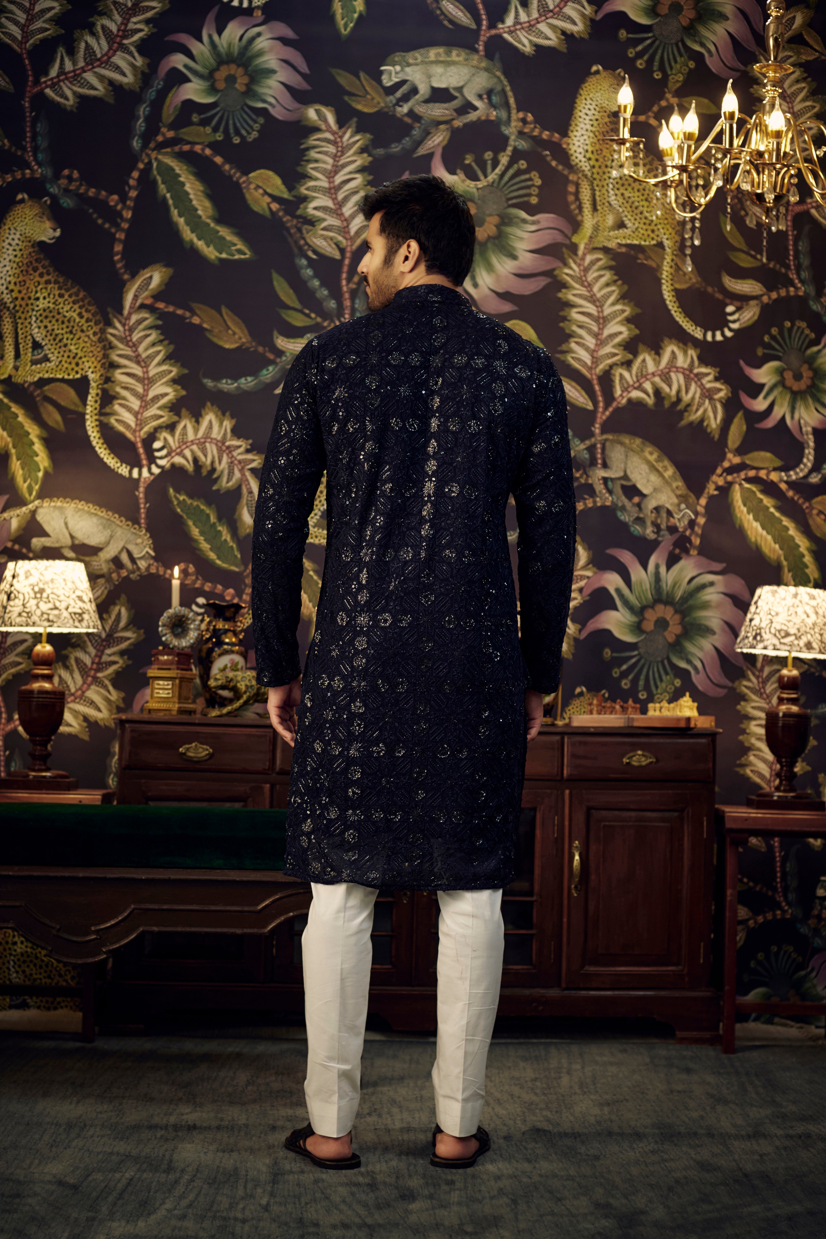 Midnight Blue Embroidered Kurta with Heavy Sequins - Geometric Design Elegance for Women's Ethnic Wear | Perfect for Weddings, Parties & Festive Occasions