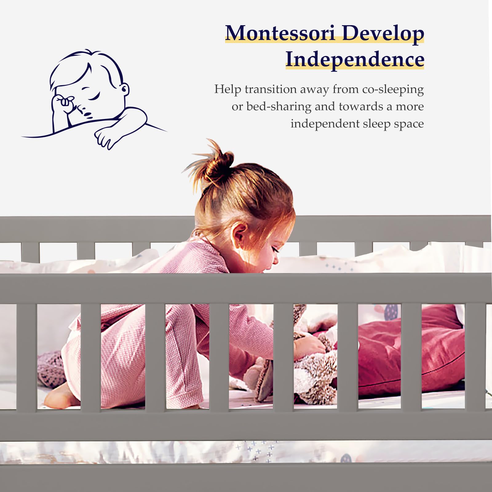 Montessori Floor Bed for Kids - Full Size Wooden House Bed with Safety Rails & Roof - Grey - Perfect for Girls & Boys Bedroom, Playroom or Montessori Classroom