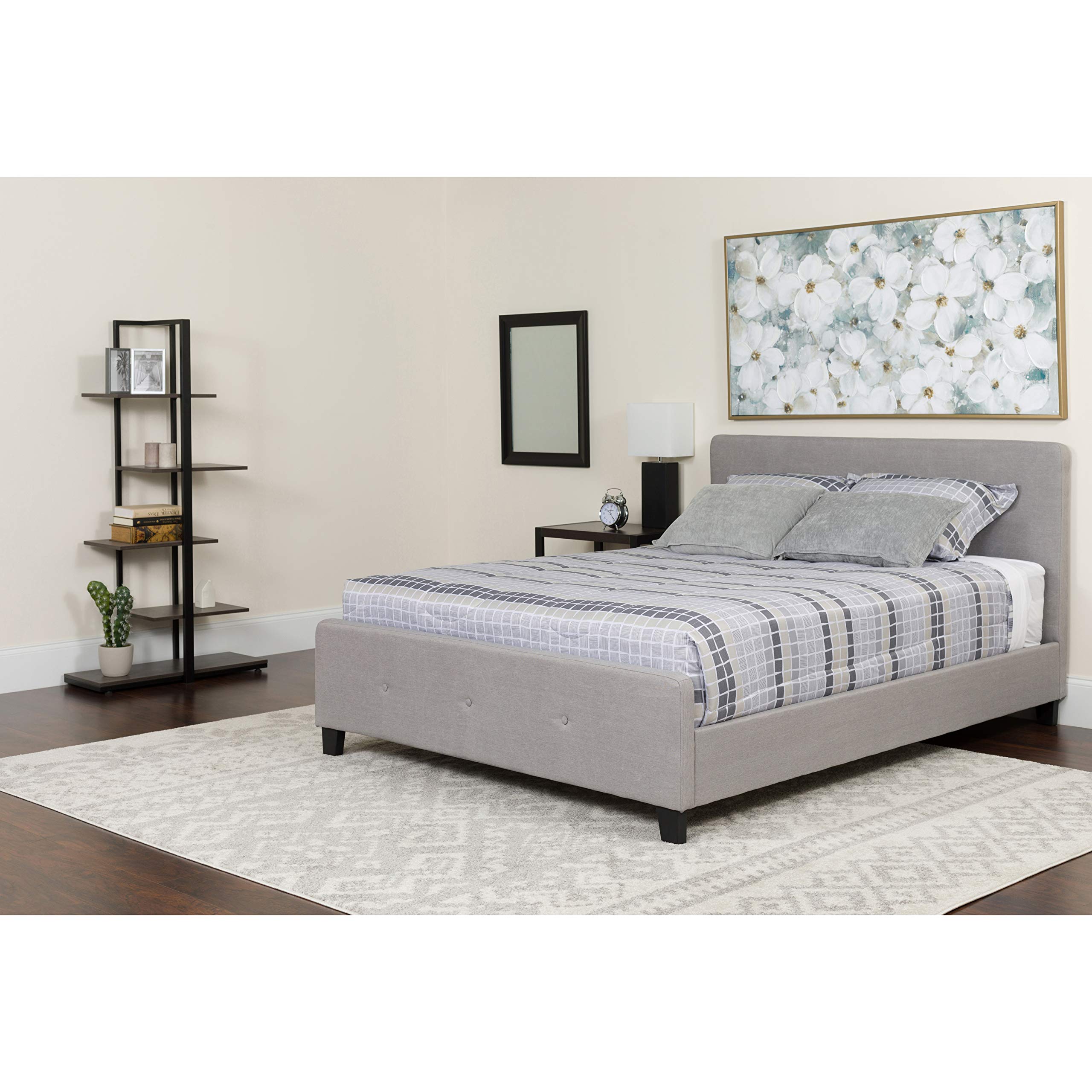 Flash Furniture Tribeca Full Size Tufted Upholstered Platform Bed with Memory Foam Mattress - Light Gray Fabric Bed Frame for Master Bedroom, Guest Room & Small Spaces
