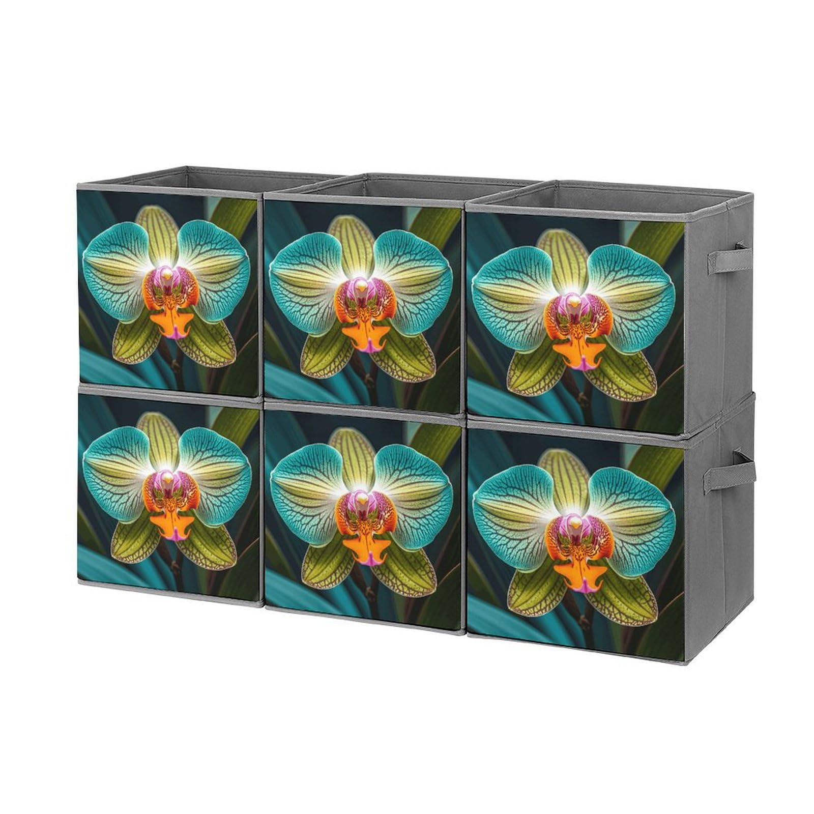 6-Piece Collapsible Storage Bins with Handles - Teal & Orange Orchid Printed Foldable Organizing Baskets for Shelves, Closet, Pantry | Space-Saving Home Organization Solution for Bedroom, Bathroom & Office