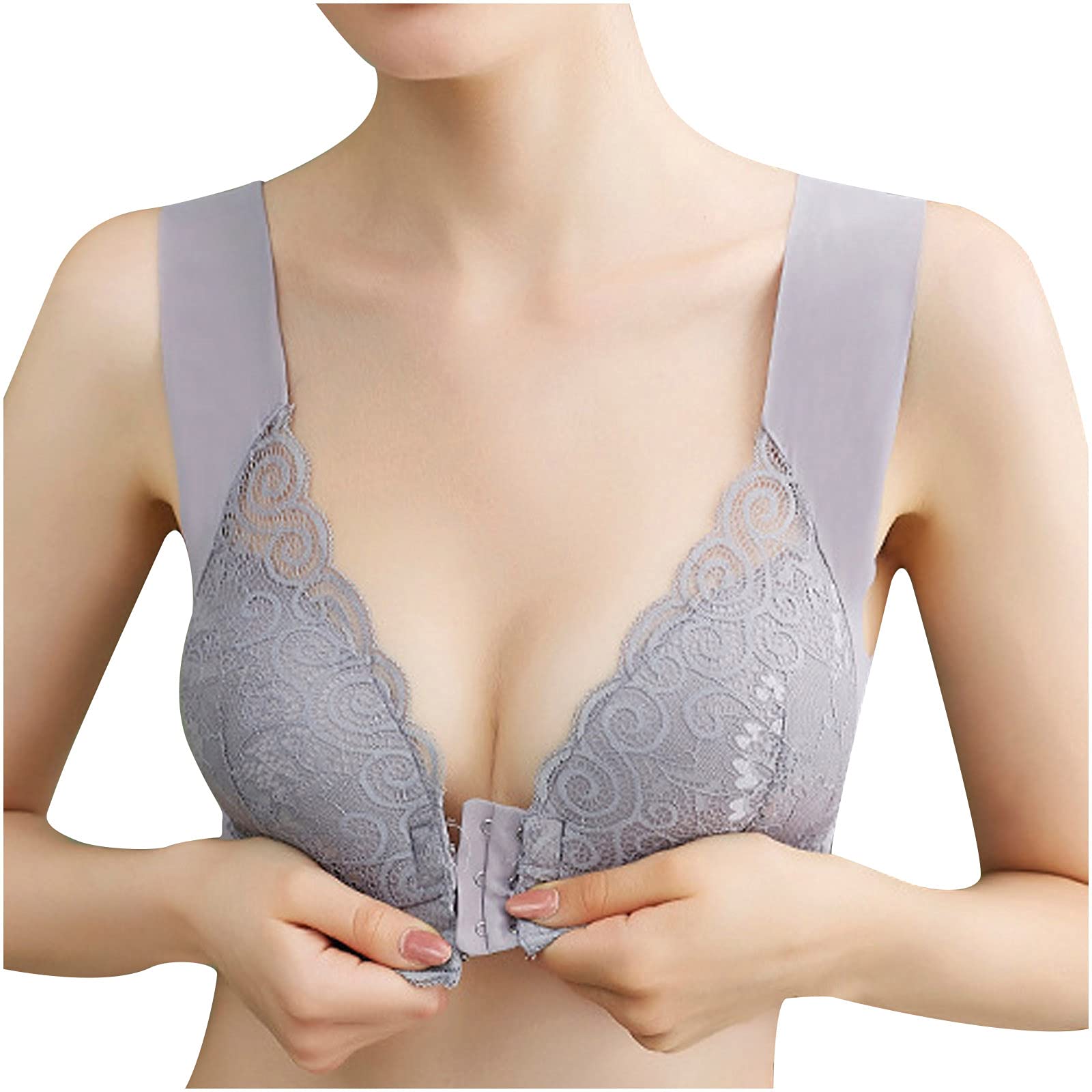 Plus Size Front Closure Lace Bra - Wireless Comfort, Deep V Neck, Soft Patchwork Design for Women | Perfect for Leisure, Sports & Everyday Wear