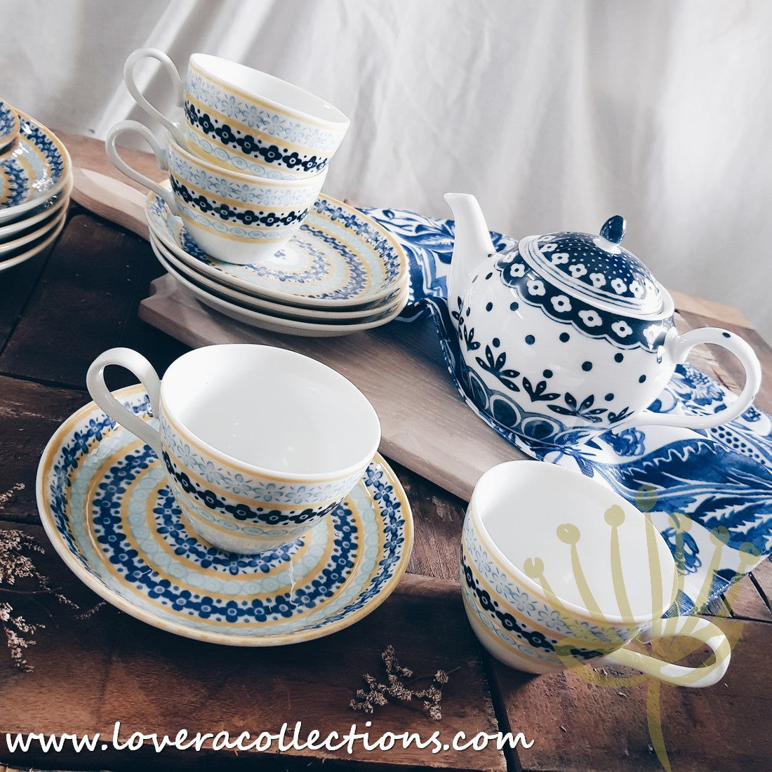 Awasaka Japan Blue & Yellow Floral Tea & Dinnerware Set - Elegant Japanese Ceramic Cups, Plates & Serving Dishes for Afternoon Tea, Dinner Parties & Home Decor