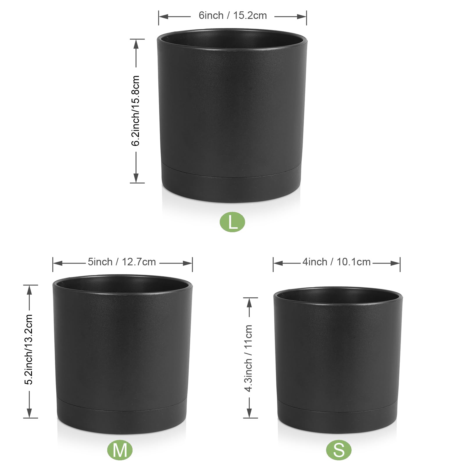 6/5/4 Inch Plastic Flower Pots Set of 3 - Cylinder Planters with Drainage Holes & Saucers for Indoor Outdoor Plants, Succulents, Herbs - Perfect for Home Garden, Balcony Decor and Office Plants (Black)