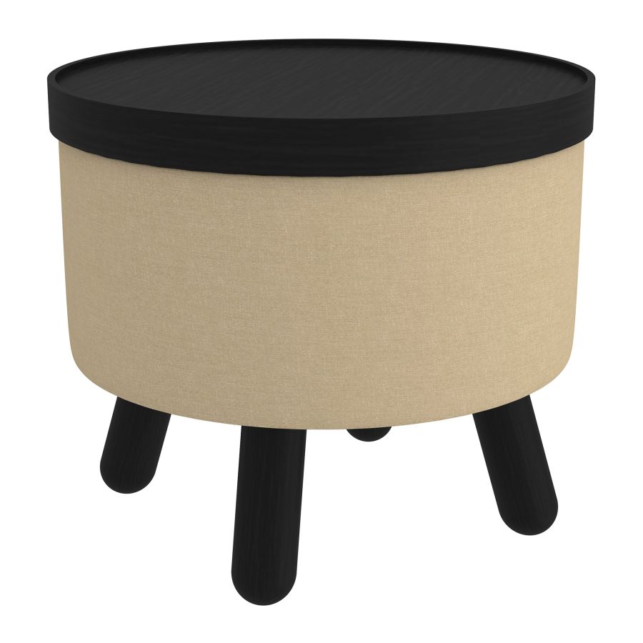 Round Storage Ottoman with Tray - Beige & Black Upholstered Footrest Stool for Living Room, Bedroom & Nursery | Multi-Functional Seat with Hidden Storage Space