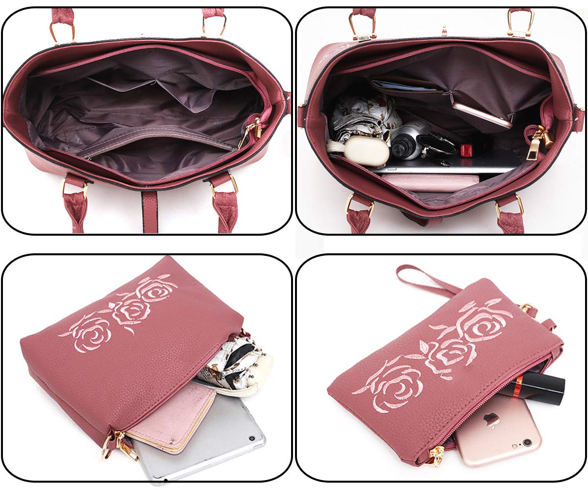Women's PU Leather Messenger Bag with Rose Embroidery - 3 Piece Set (Tote, Crossbody Bag & Wallet) for Work, Travel & Everyday Use