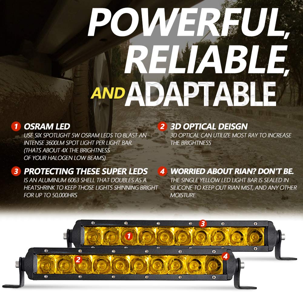 Chelhead 11 Inch 50W Yellow LED Light Bar - Single Row Fog Light with Spot Beam for Trucks, SUVs, Jeeps, UTVs (Compatible with Can Am & Polaris) - Perfect for Off-Roading, Hunting & Night Driving