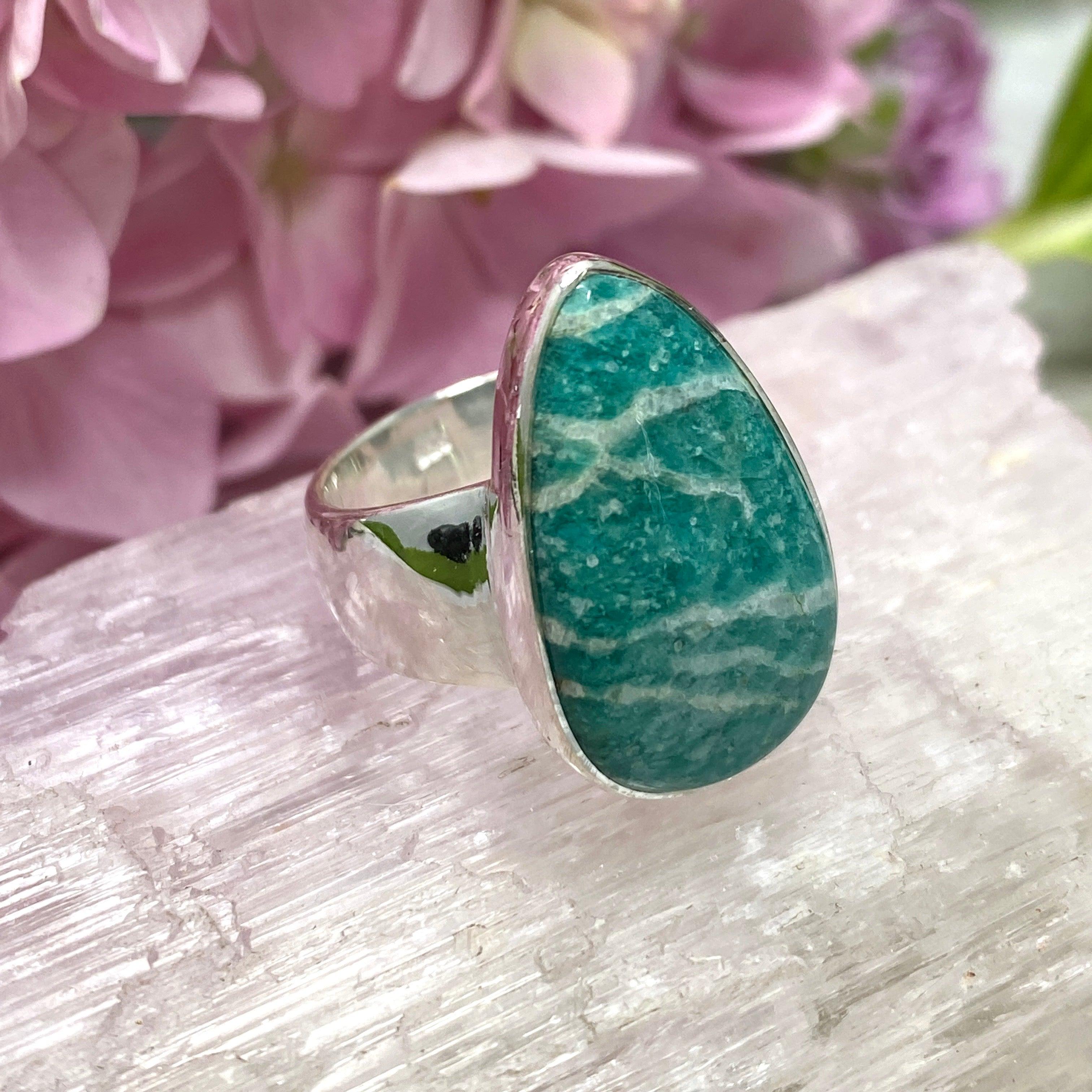Amazonite Teardrop Ring - Size 7, Sterling Silver, Handmade Boho Jewelry (KRGJ2565) | Perfect for Wedding, Gift & Everyday Boho Fashion