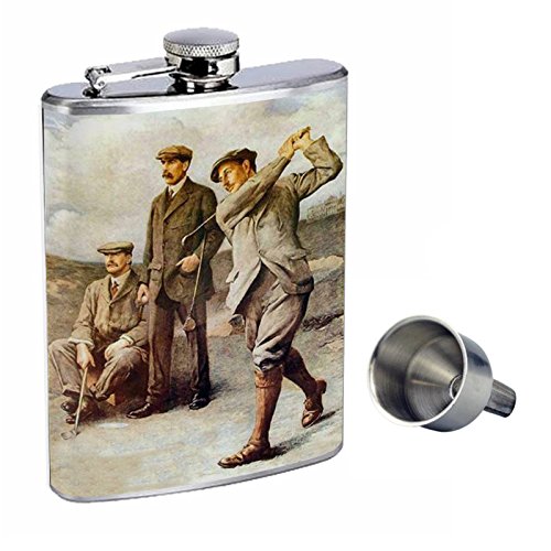 Vintage Golf Themed 8oz Stainless Steel Whiskey Flask with Free Funnel - Perfect for Golf Outings, Camping & Outdoor Adventures | D-006