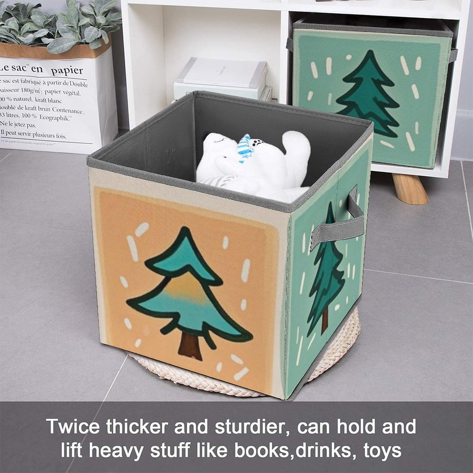 Foldable Storage Bins with Grid Design & Pine Print - Dual Handle Collapsible Storage Box for Closet, Bedroom, Office & Outdoor Use | Perfect for Organizing Toys, Clothes & Home Essentials