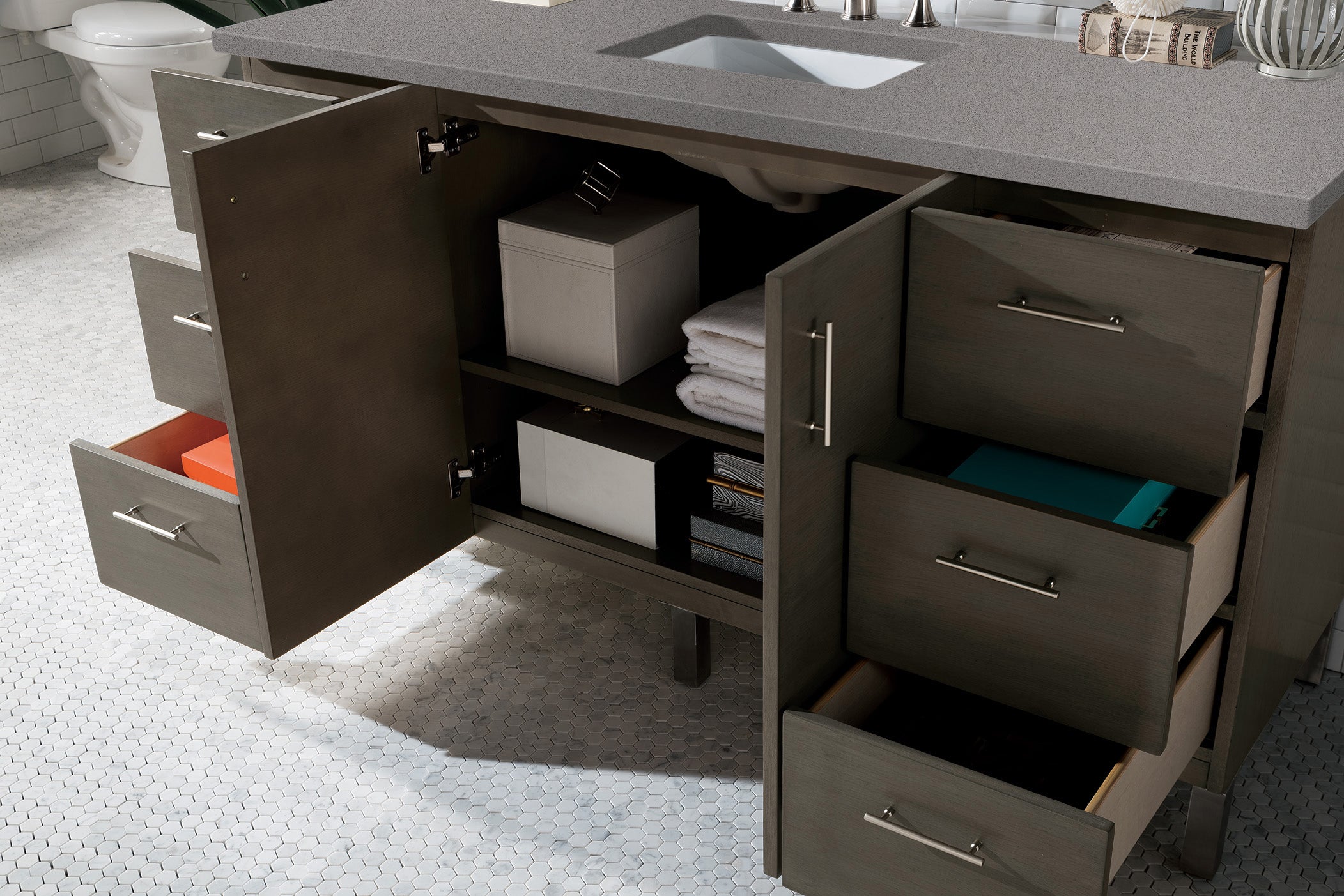 Metropolitan 60 Inch Single Bathroom Vanity Set in Silver Oak with 3CM Grey Expo Quartz Countertop - Perfect for Modern Master Bathrooms and Powder Rooms