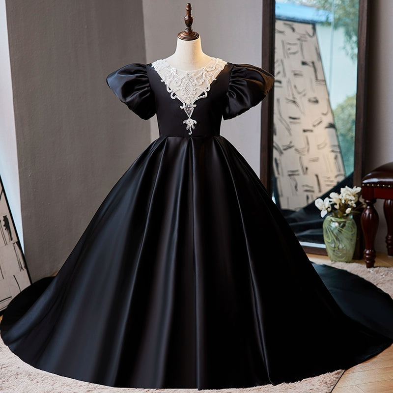 Black Princess Round Floor Length Satin Flower Girl Dress for Weddings, Pageants & Special Occasions
