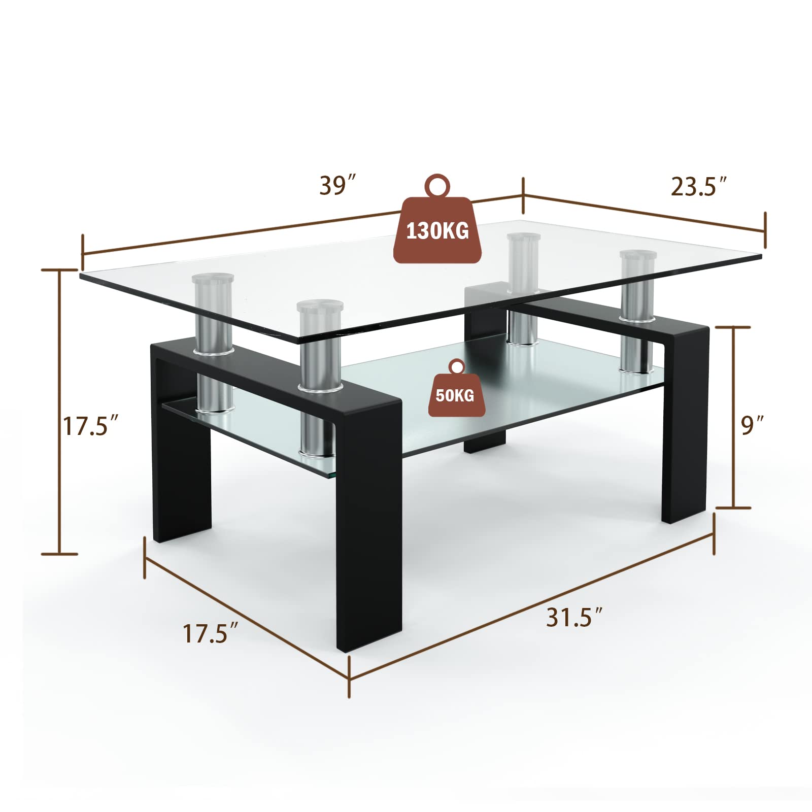 NAFORT Modern 2-Tier Rectangle Coffee Table with Tempered Glass Top & Sturdy Metal Legs - Living Room Center Table with Storage Shelf | Perfect for Small Spaces, Apartments & Contemporary Home Decor