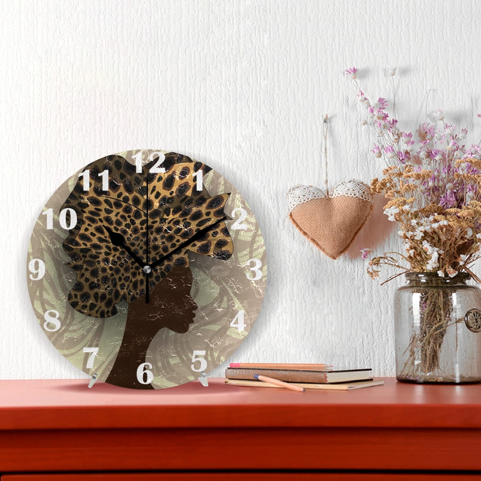 African American Afro Woman Leopard Wall Clock - 10 Inch Silent Non-Ticking Quartz Analog Clock with Battery - Black Girl Leaves Design for Home, Bedroom & Living Room Decor | Perfect for Wall Mount or Desk Display