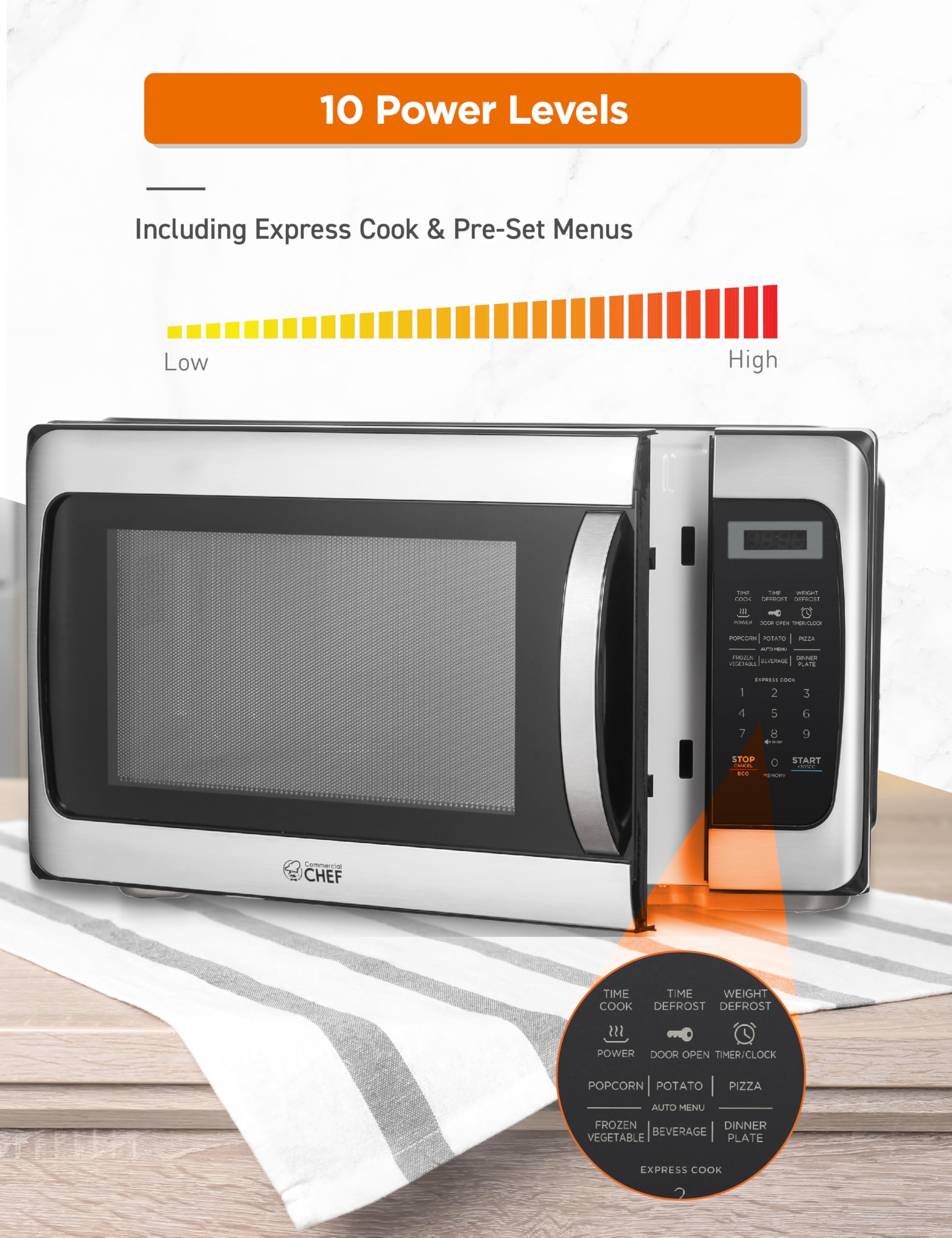 Commercial Chef 1.1 Cu Ft 1000W Countertop Microwave - 10 Power Levels, Push Button Door Lock, Digital Controls & Turntable - Stainless Steel - Perfect for Home Kitchens, Offices & Dorm Rooms