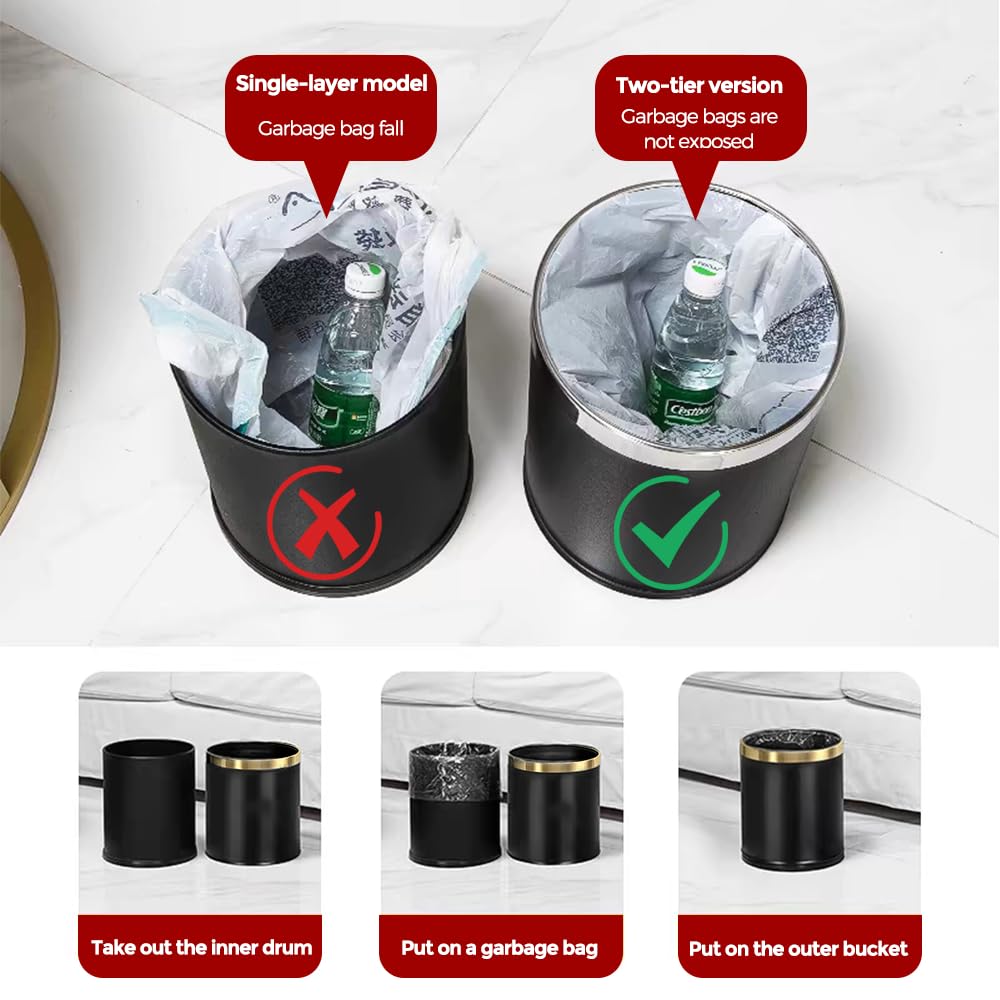 LEASYLIFE 10L/2.6GAL Open Top Metal Trash Can - Black with Gold Circle Design, Office Waste Bin Without Lid for Hotel, Store, Restaurant & Home Use - Durable & Stylish Garbage Can for Kitchen, Bathroom & Commercial Spaces