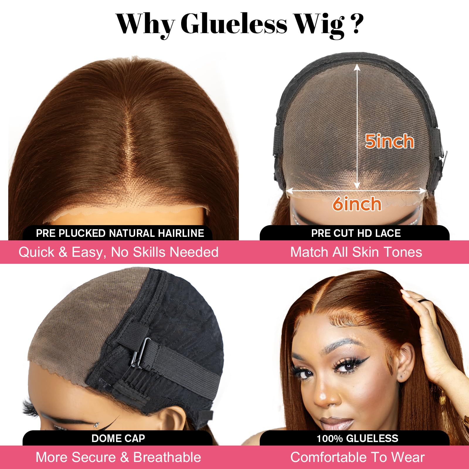 Glueless 5x6 Lace Front Wig Human Hair - Chocolate Brown Straight Brazilian Hair Wig for Black Women, 32 Inches, No Glue Needed, Pre-Cut Lace | Perfect for Daily Wear, Special Occasions & Protective Styling