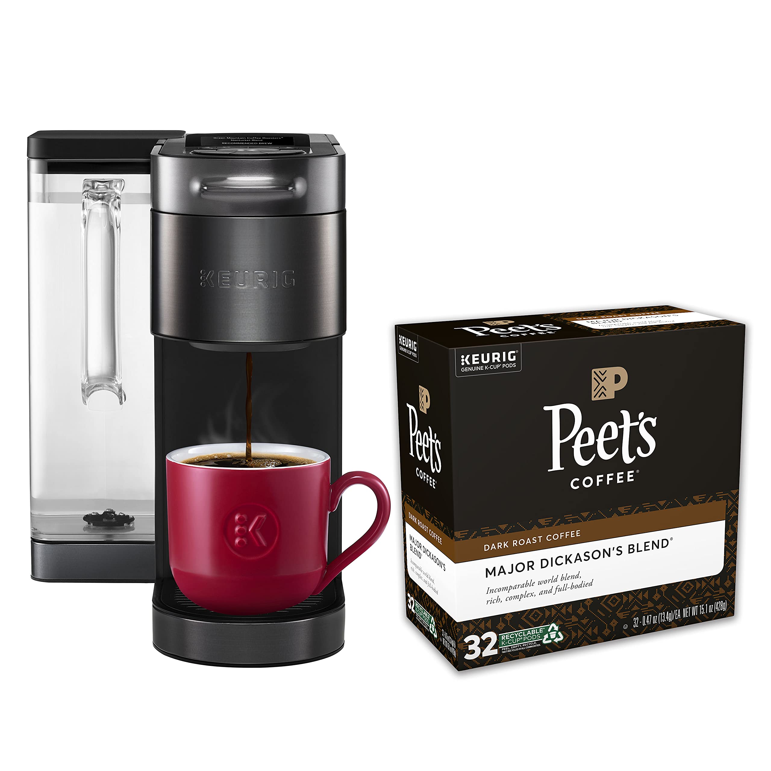 Keurig K-Supreme SMART Single Serve Coffee Maker with 32 Peet's Coffee Major Dickason's Blend Dark Roast K-Cup Pods - Perfect for Home, Office & Quick Morning Brews