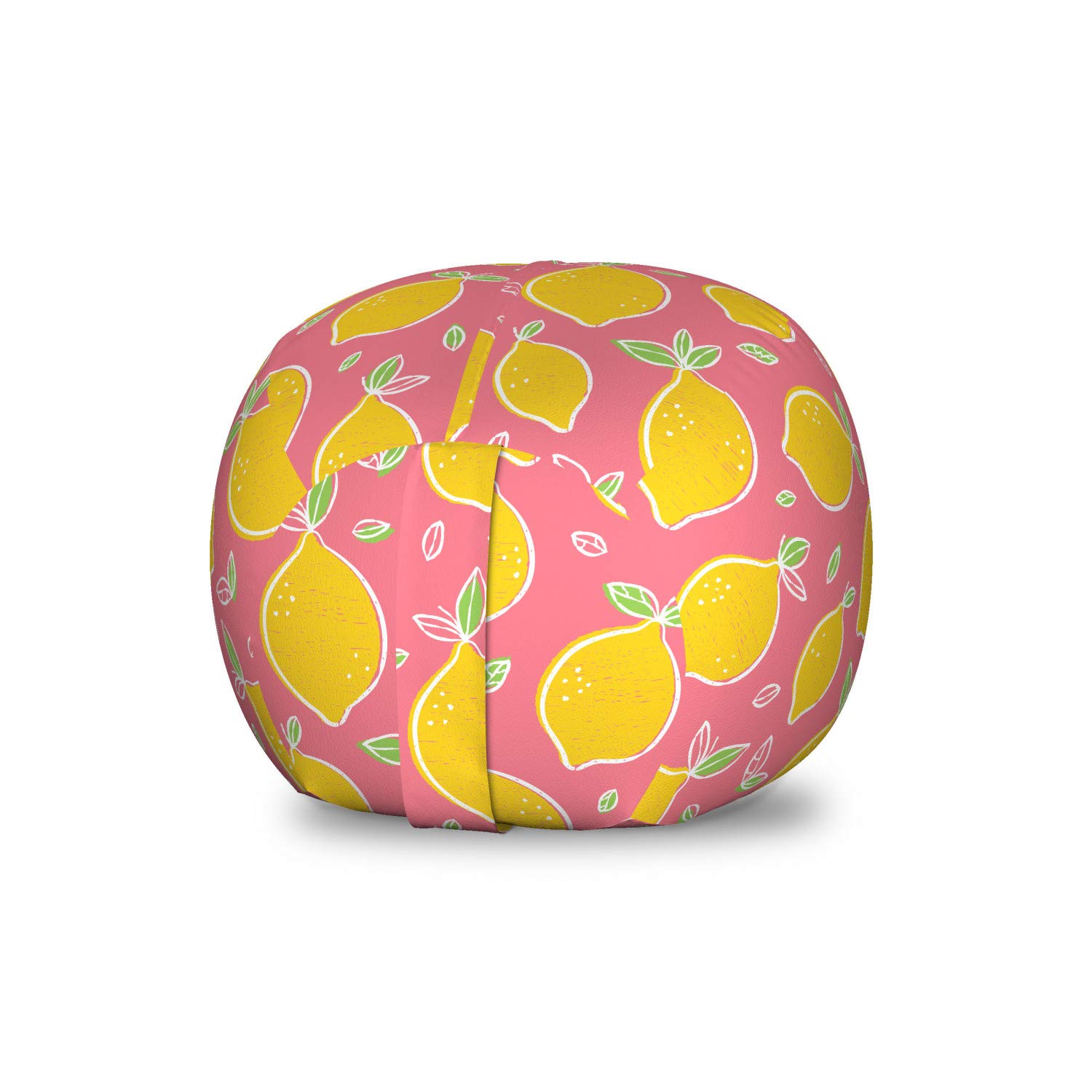 Ambesonne Lemons Toy Storage Bag Chair - Small Size, Earth Yellow & Pastel Pink, Washable Stuffed Animal Organizer with Sour Juicy Fruit Pattern - Perfect for Kids' Room, Nursery, Playroom Organization