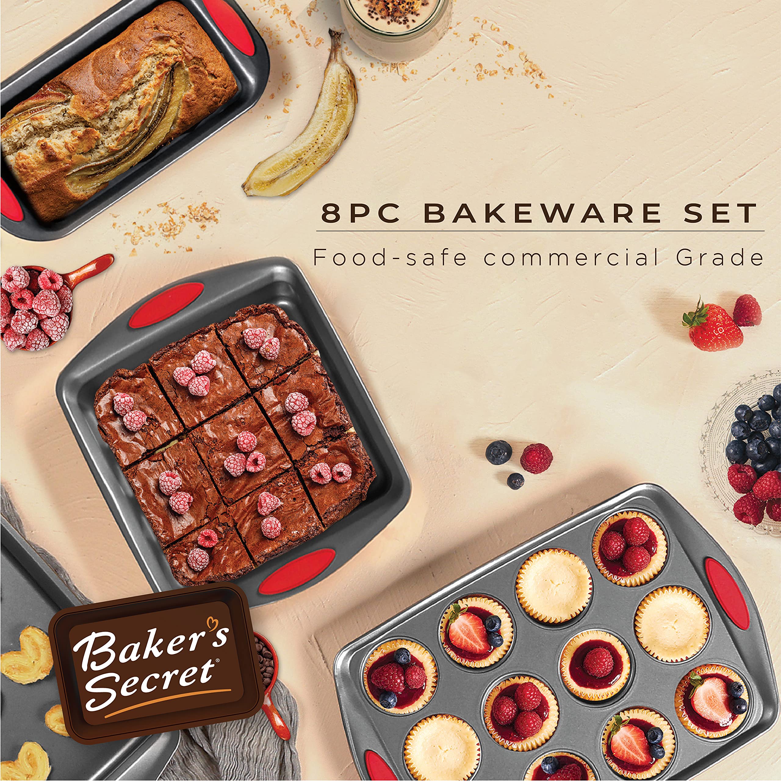 8-Piece Nonstick Bakeware Set with Grip - Oven Safe Baking Pans & Sheets for Cakes, Cookies, Bread - Perfect for Wedding Registry, Home Baking & Kitchen Supplies | Baker's Secret