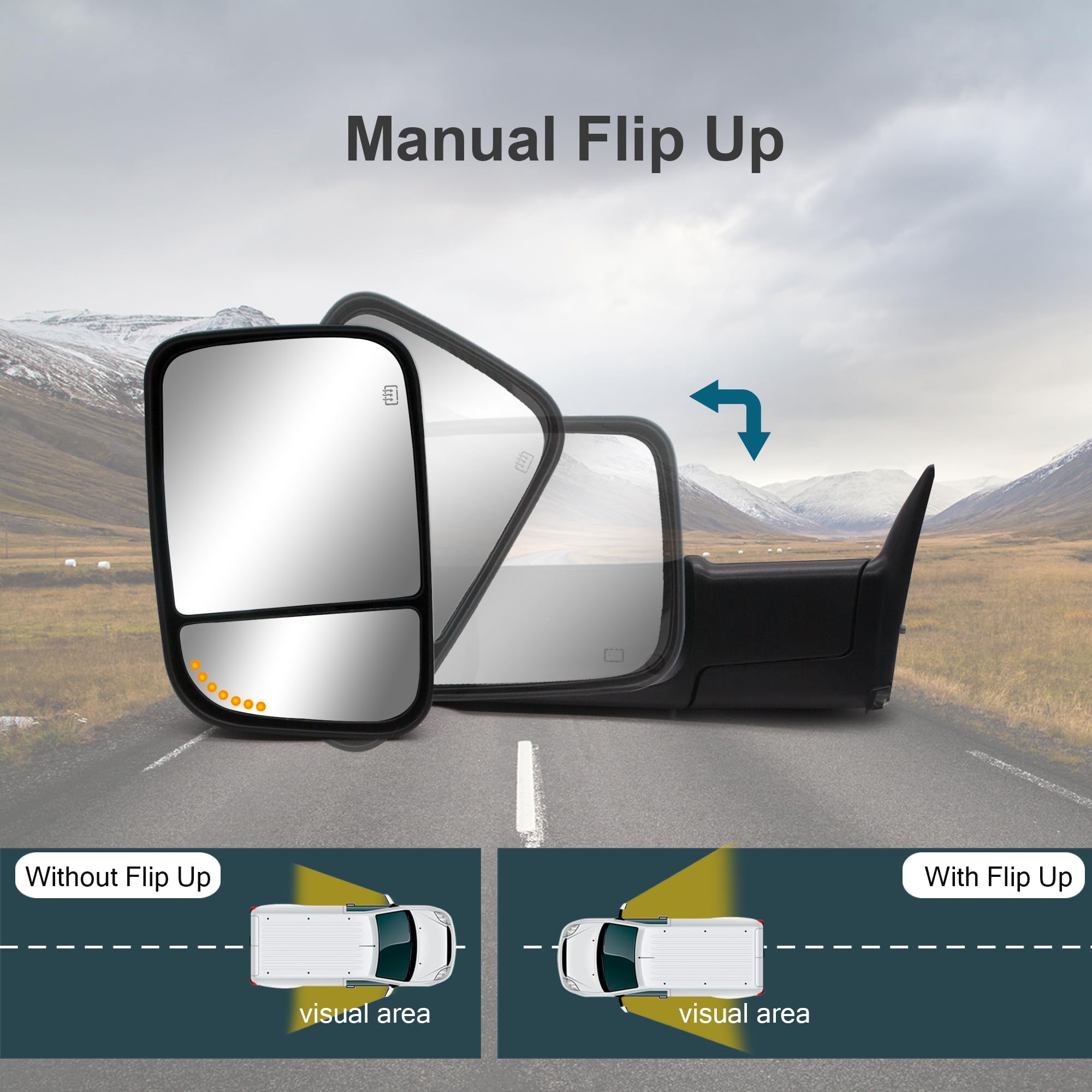 Dodge Ram 1500 2500 3500 Towing Mirrors - Power Heated Manual Flip Up Tow Mirrors LH RH Compatible with 1998-2002 Models | Perfect for Towing Trailers, Boats & RVs | Enhanced Visibility & Safety