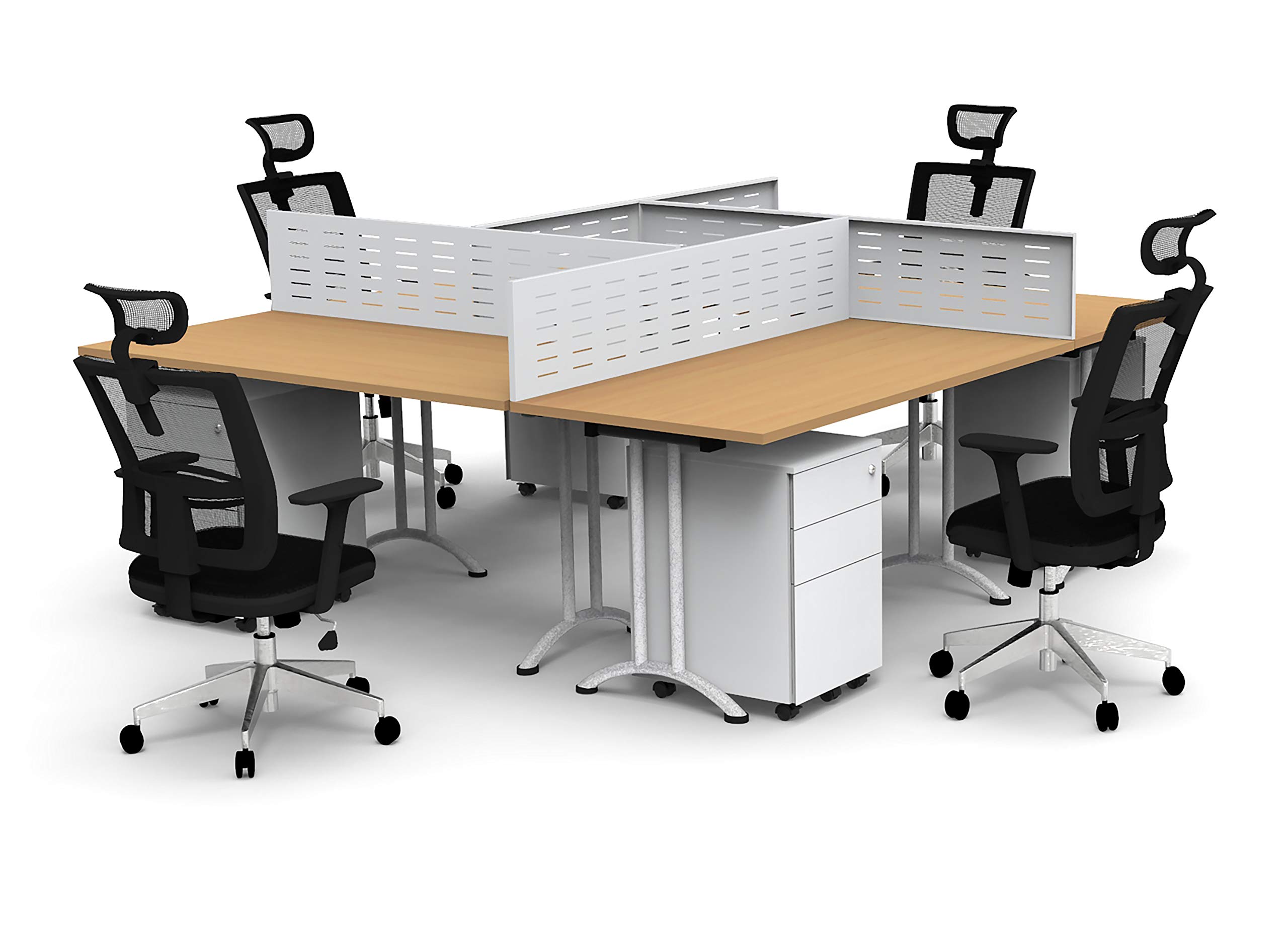 4-Person Office Workstation - Beech Conference Table with 16pc Group Set (Tables, Chairs, Screens, Files) for Team Collaboration | Compact Space Solution | Ideal for Meetings, Seminars & Office Workspaces