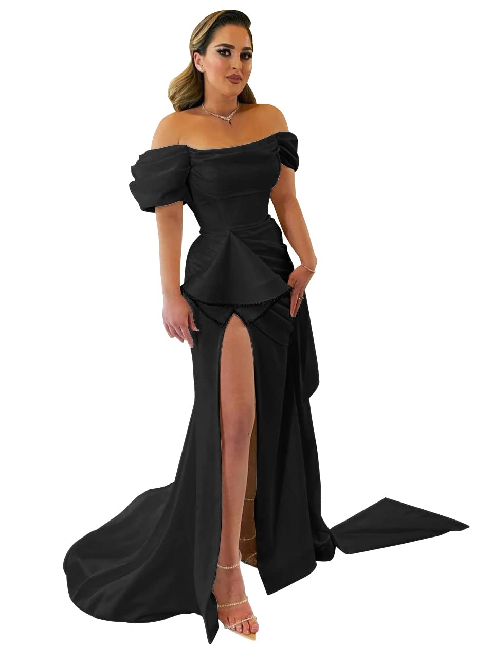 Elegant Off Shoulder Beaded Puffy Sleeve Prom Dresses for Women - Mermaid Satin Slit Long Evening Gowns | Perfect for Formal Weddings, Homecoming, and Special Occasions (2022 Collection)