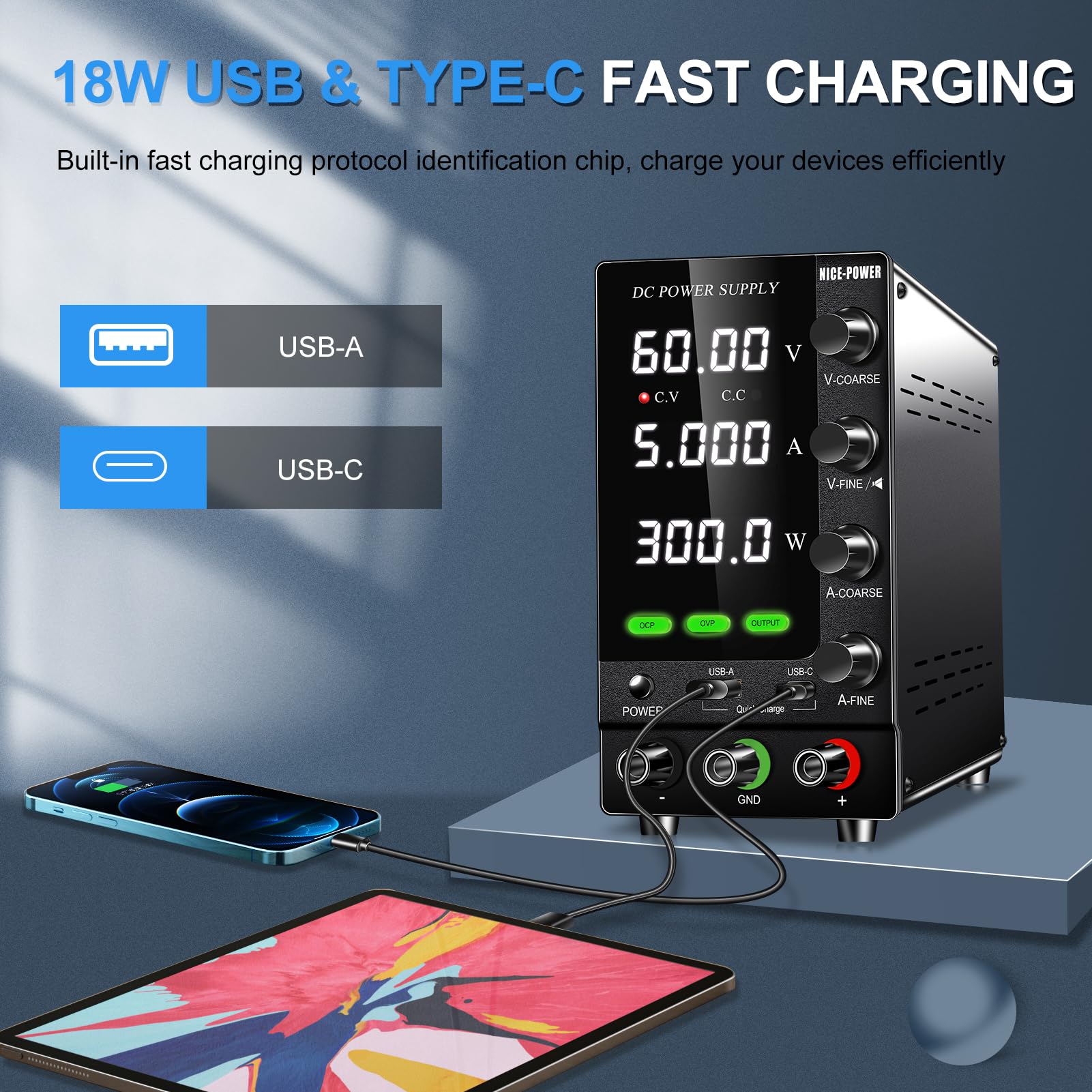 Adjustable 60V 5A DC Bench Power Supply with Digital Display - Variable Regulated Lab Power Source with Encoder, OVP/OCP Protection & USB Quick Charge for Electronics Testing, DIY Projects, and School Labs
