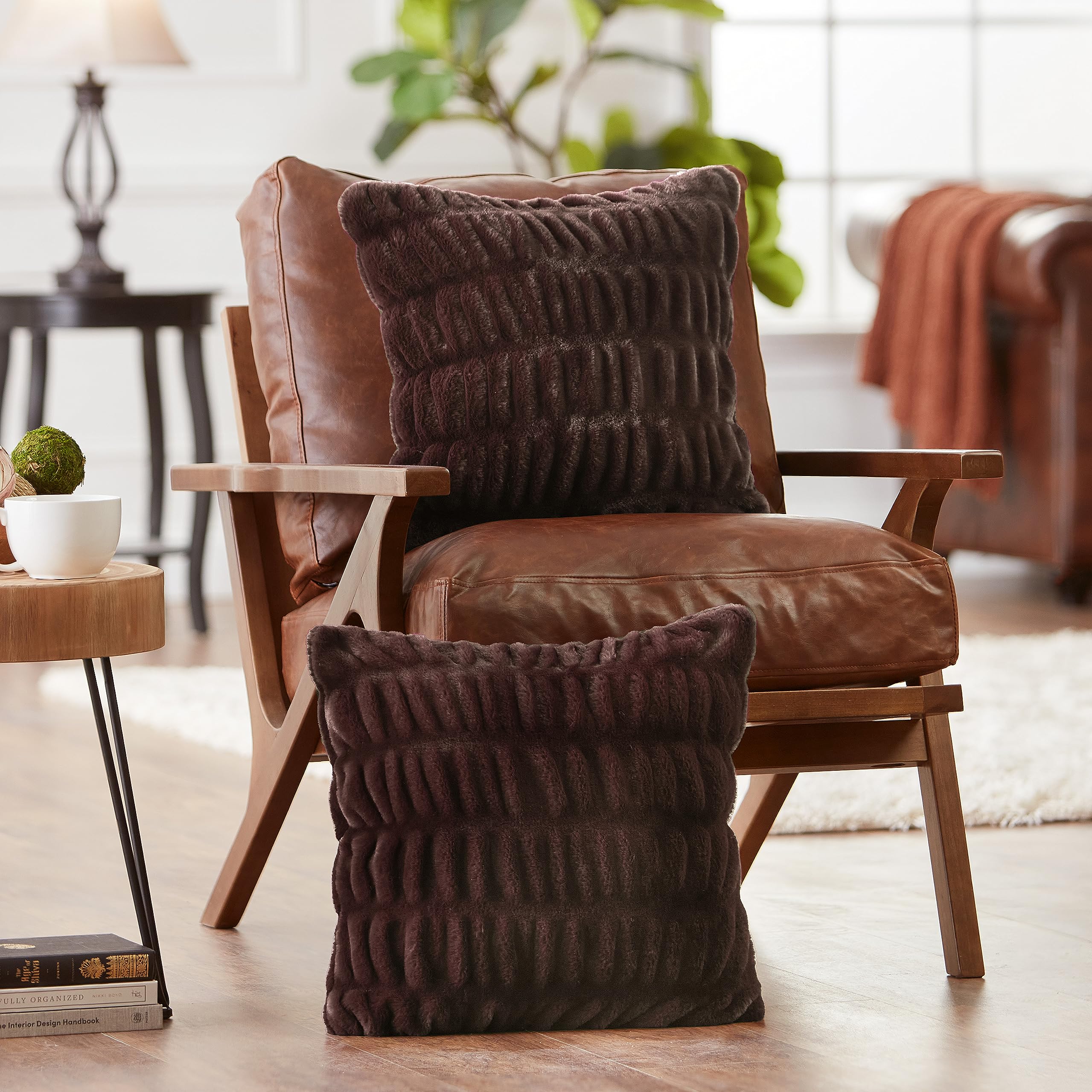 Chanasya Premium Ruched Faux Fur Throw Pillow Covers - Soft Plush Decorative Cushion Covers for Sofa, Bed, Living Room - Set of 2 (18x18 Inches) - Mocha Brown - Perfect for Home Decor, Cozy Reading Nook & Lounge Areas