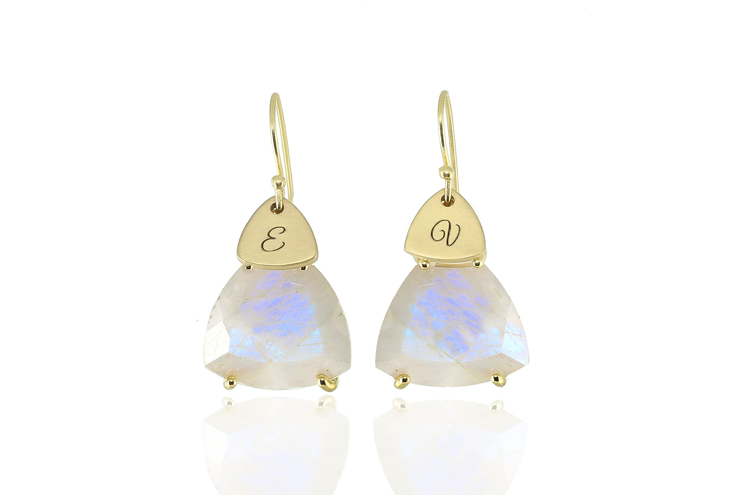 Rainbow Moonstone Coin Engraved Gold Dangle Statement Earrings - Personalized Initial Name Jewelry - June Birthstone Gemstone Gift for Women - Perfect for Weddings, Anniversaries & Special Occasions