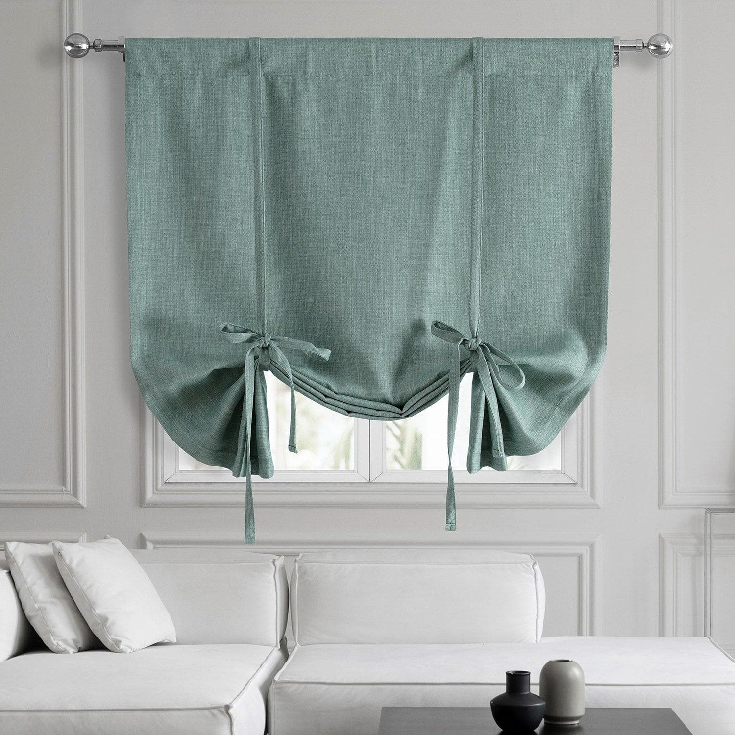 Textured Faux Linen Blackout Window Shades - Sea Thistle Color Tie-Up Curtains for Bedroom & Living Room Privacy & Light Control