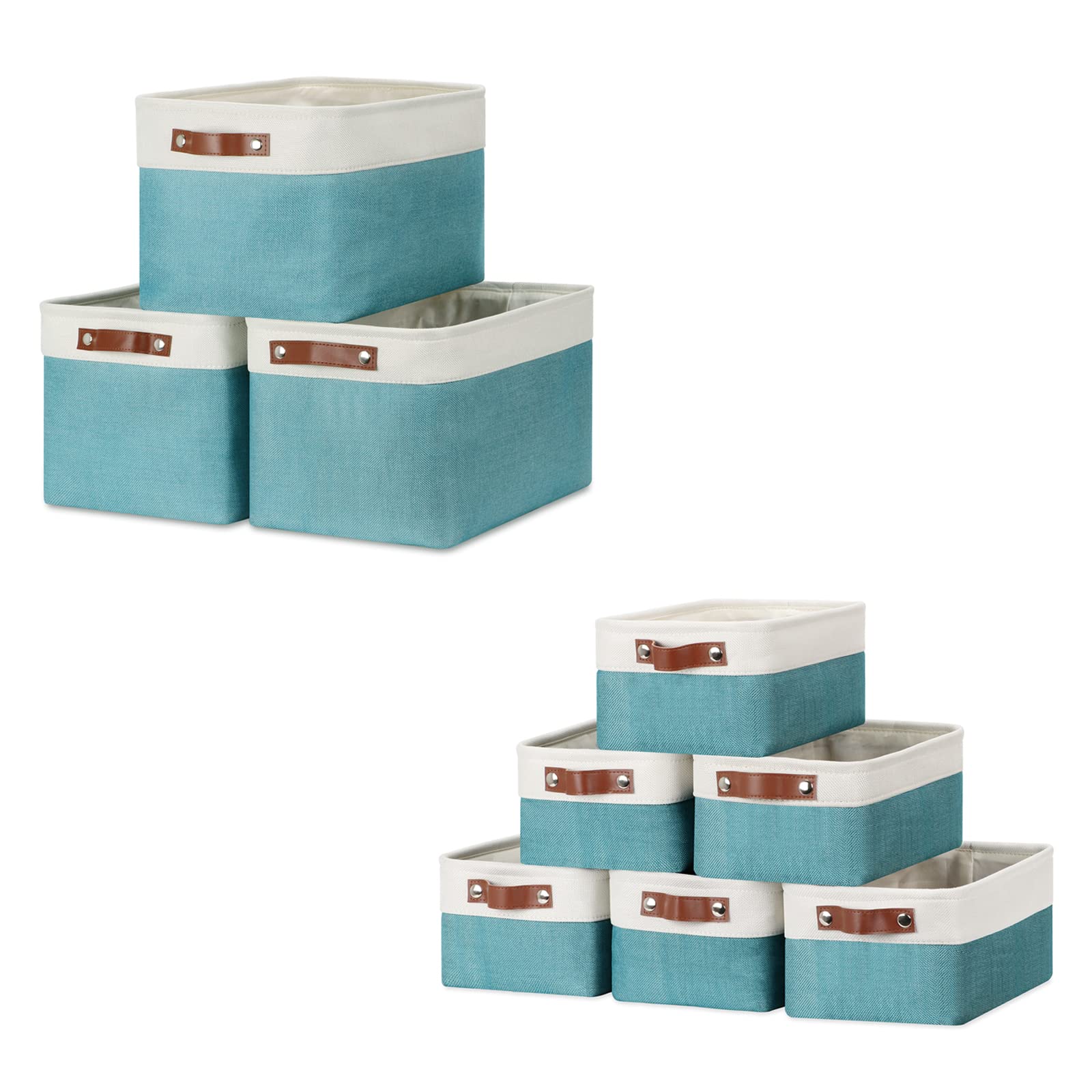 DULLEMELO Collapsible Storage Baskets Set - 3 Medium (15x11x9.5 inches) & 6 Small (11.8x7.9x5.1 inches) Foldable Organizer Bins in White & Teal - Perfect for Home, Office, Closet, Bathroom & Kids Room Organization
