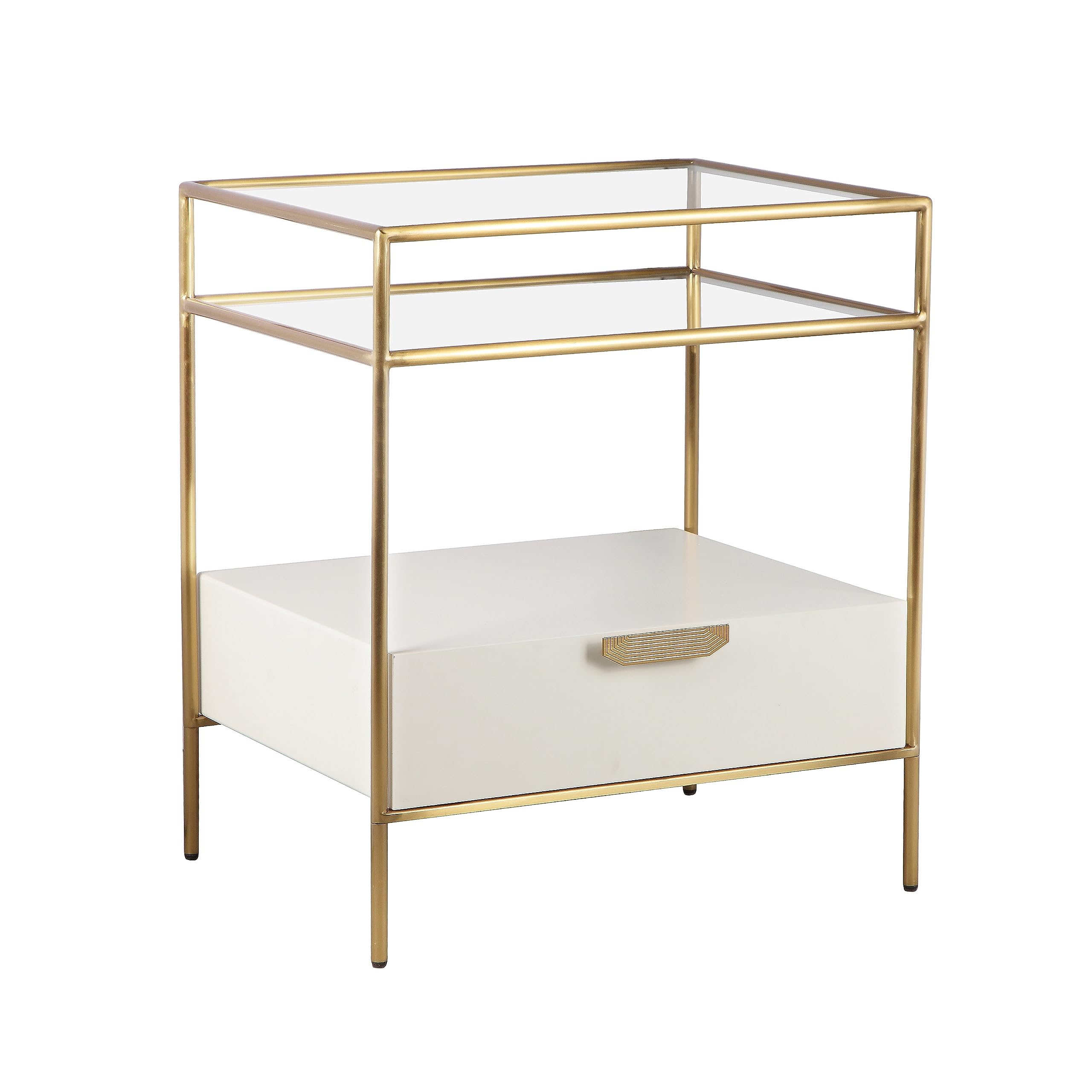 Tov Furniture Darla Cream Glass Nightstand - Modern Bedside Table with Storage Drawer for Bedroom, Living Room, or Guest Room