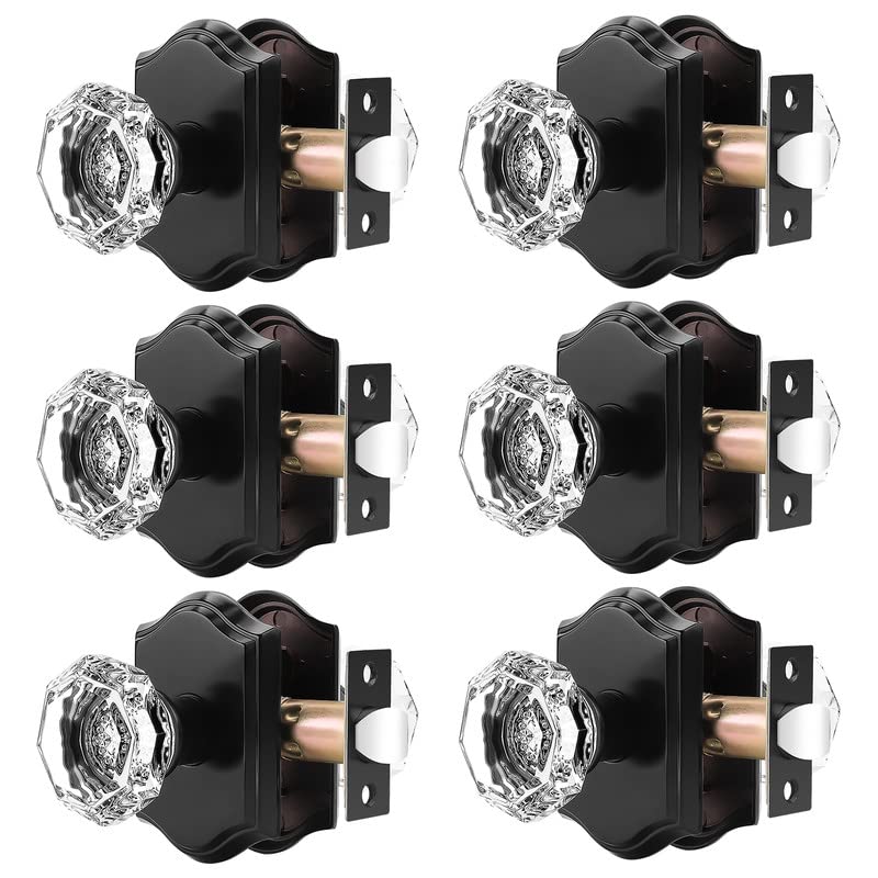 Vintage Octagonal Clear Crystal Door Knobs 6 Pack - Non-Locking Glass Door Handles for Hallway & Closet - Heavy Duty Black Rosette with Crystal Accents | Perfect for Bedroom, Bathroom & Interior Doors