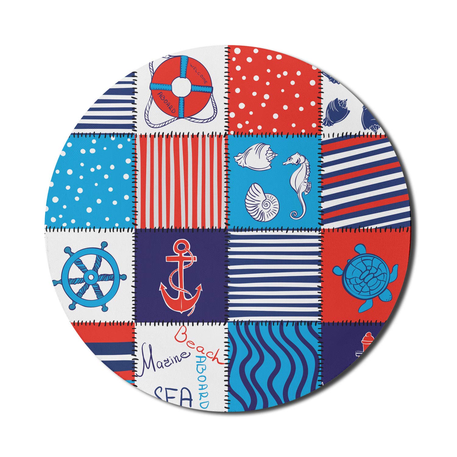 Ambesonne Geometric Mouse Pad - Non-Slip Round Gaming Mousepad with Nautical Anchor, Helm & Fish Motifs - 8 Inch Thick Rubber Computer Mouse Mat for Office & Gaming Setup - Multicolor Checkered Design